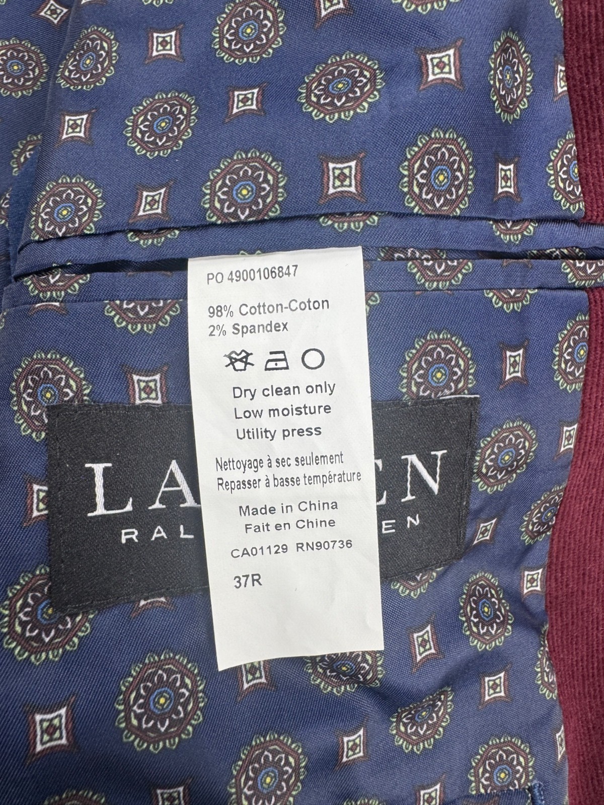 Ralph Lauren Blazer Men 37R Suede Elbow Patches Wine Red Corduroy Career Jacket