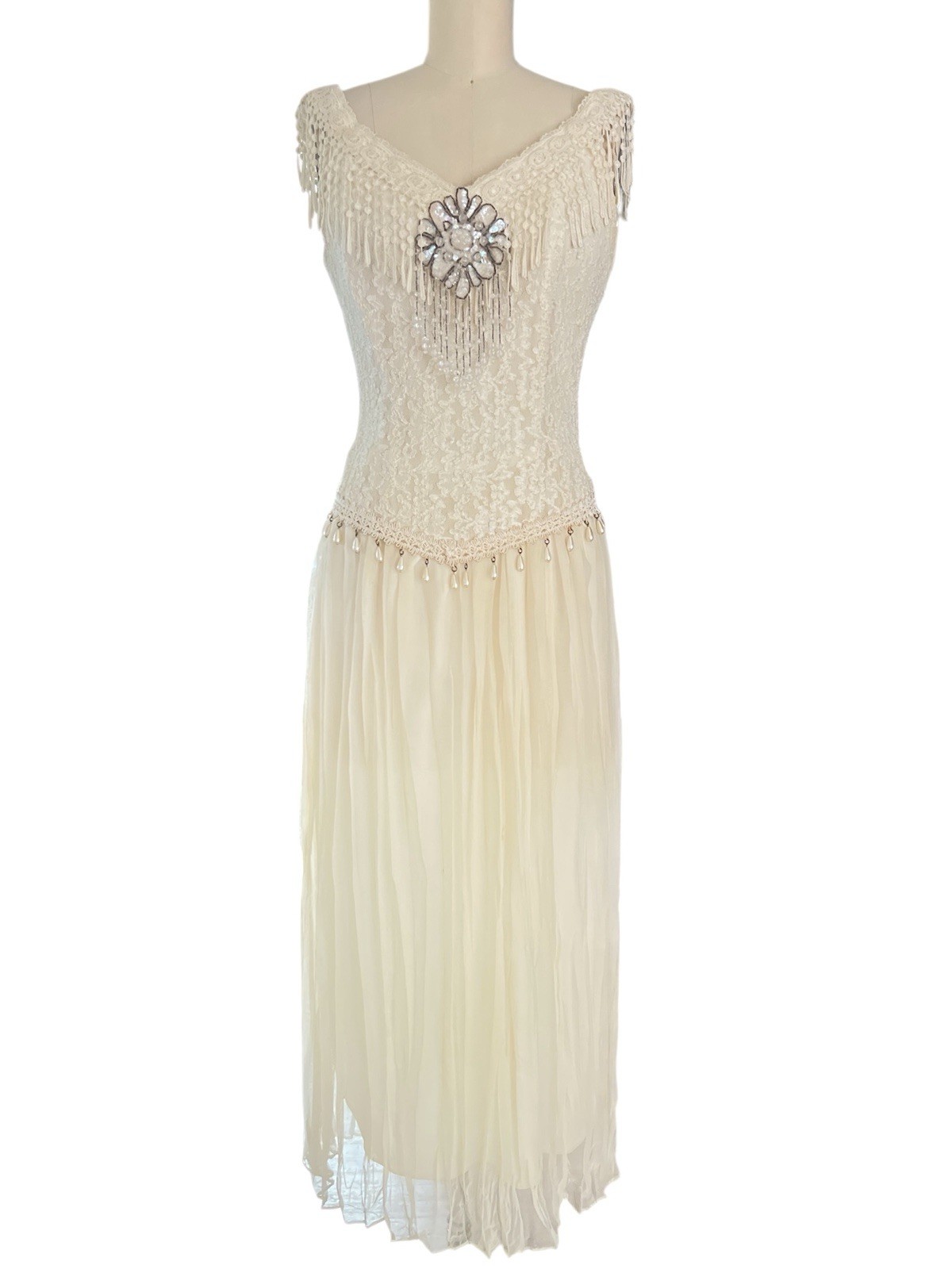 Y2K 90s Lace Midi Dress Sheer Pleated Pearl Beaded Fringe Cottagecore Bridal