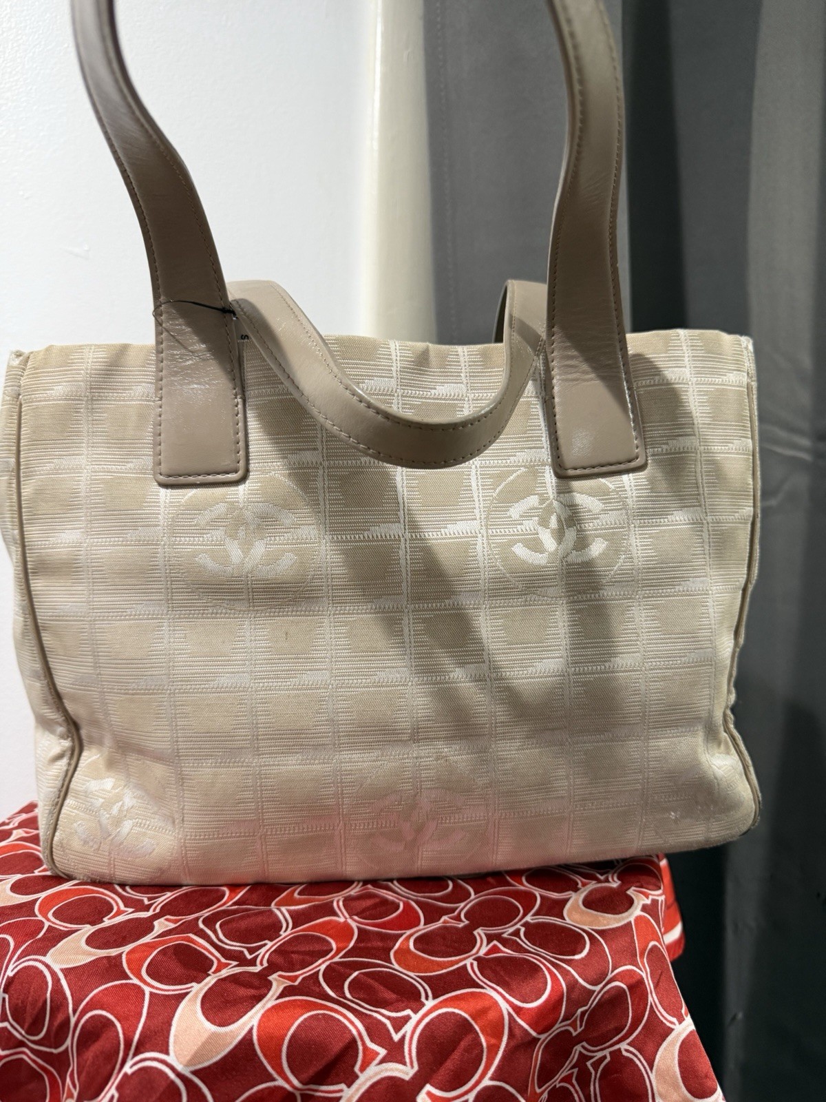 CHANEL Logo Pattern Travel Line Tote Bag Beige