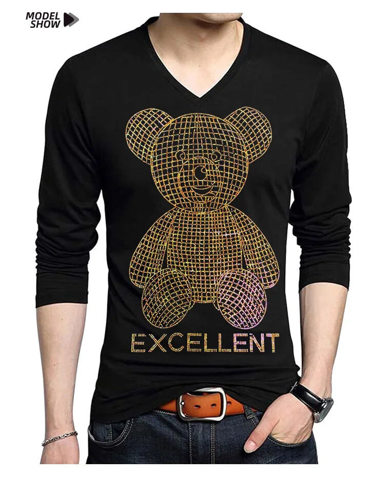 Fashion Trend Bear Rhinestones Streetwear Long Sleeve Luxury Men V-Neck T-Shirt