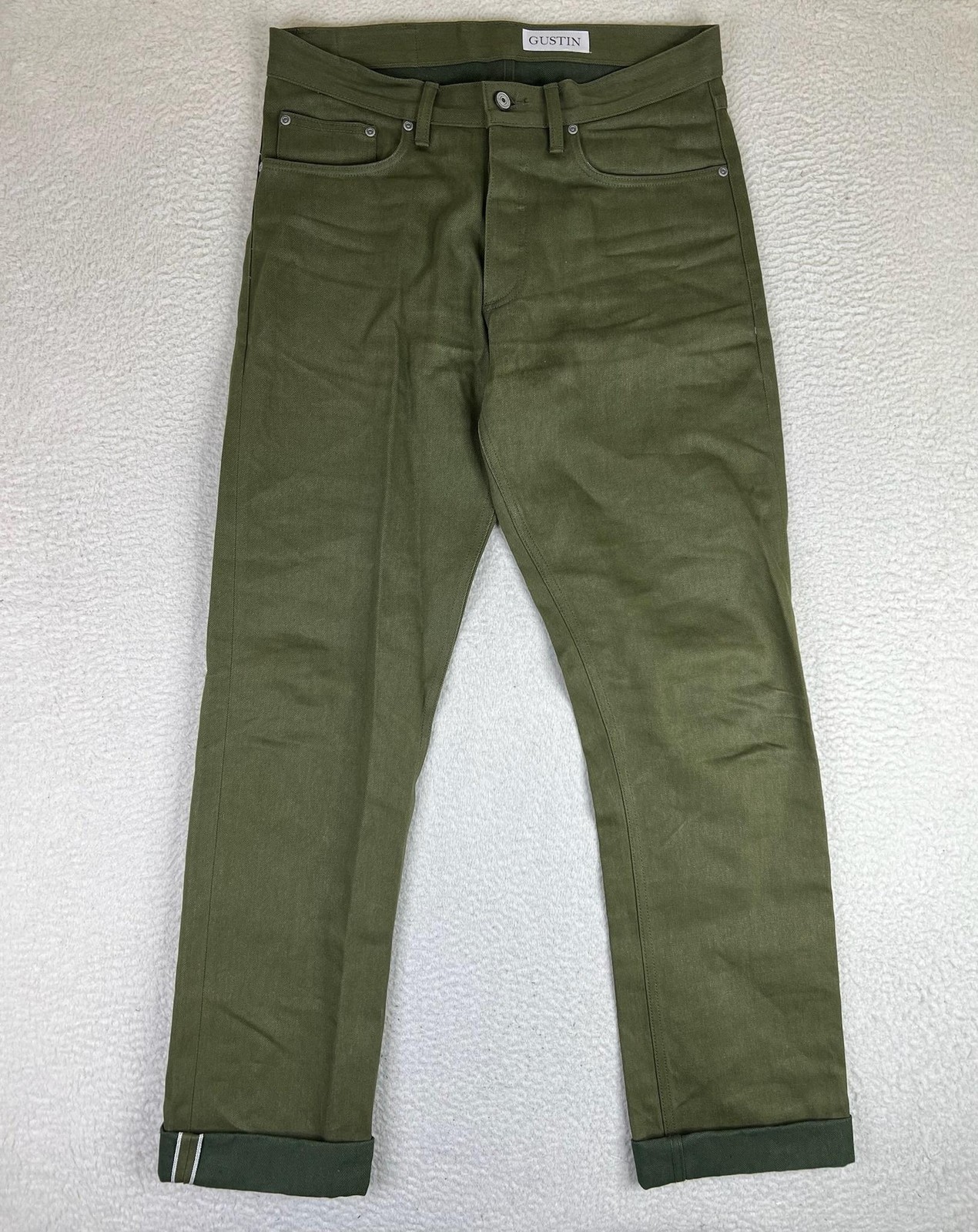 Gustin Straight Jeans Mens 33×36 Olive Green Selvedge Denim Button Fly USA