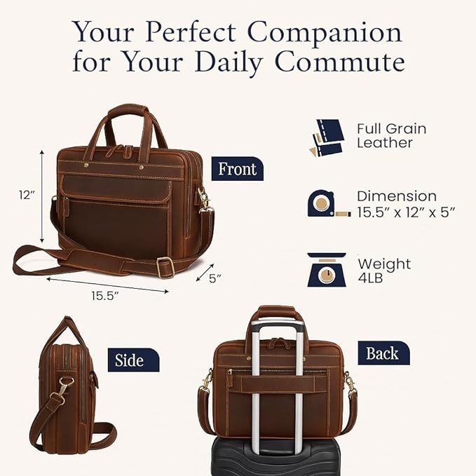 Luxorro Full-Grain Leather Laptop Bag Briefcase; 15.6-inch, Dk Brown: Brand New