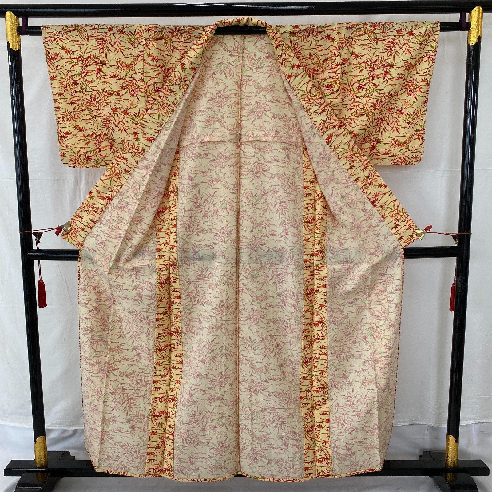 Japanese Vintage Kimono Polyester yellow No Lining Komon Traditional Length 61in