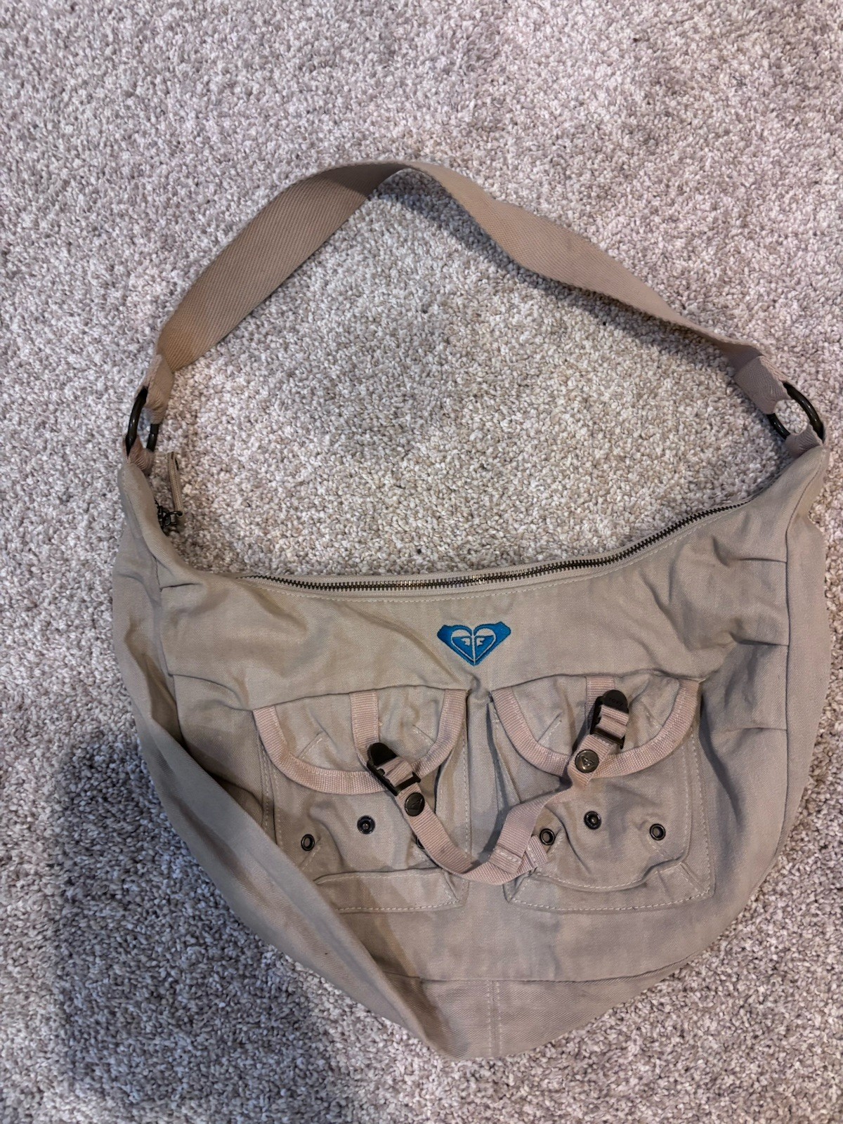 Roxy Beige Crescent Shoulder Bag, Hearts Pattern, Lined, Inner Pockets, Zip