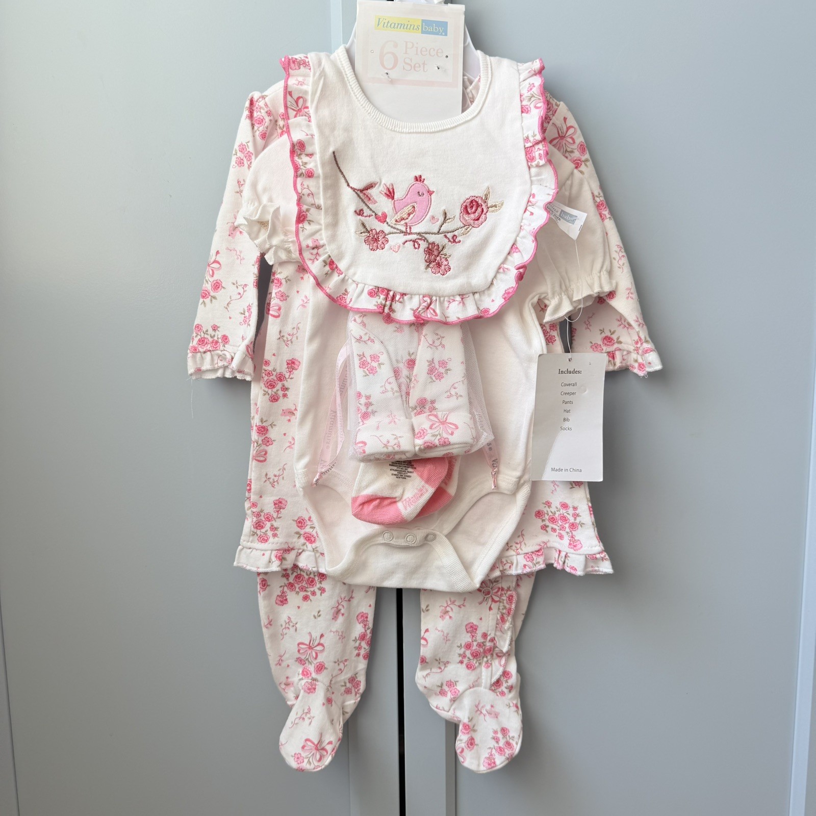 NWT Vitamins Baby Girls Pink Flower Bird 6pc Coverall Pants Bodysuit Bib 0-3M