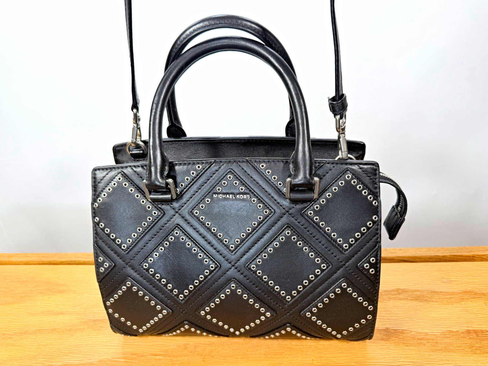 Michael Kors Black Quilted Satchel Top Handle Bag Grommet Zip Detachable Strap