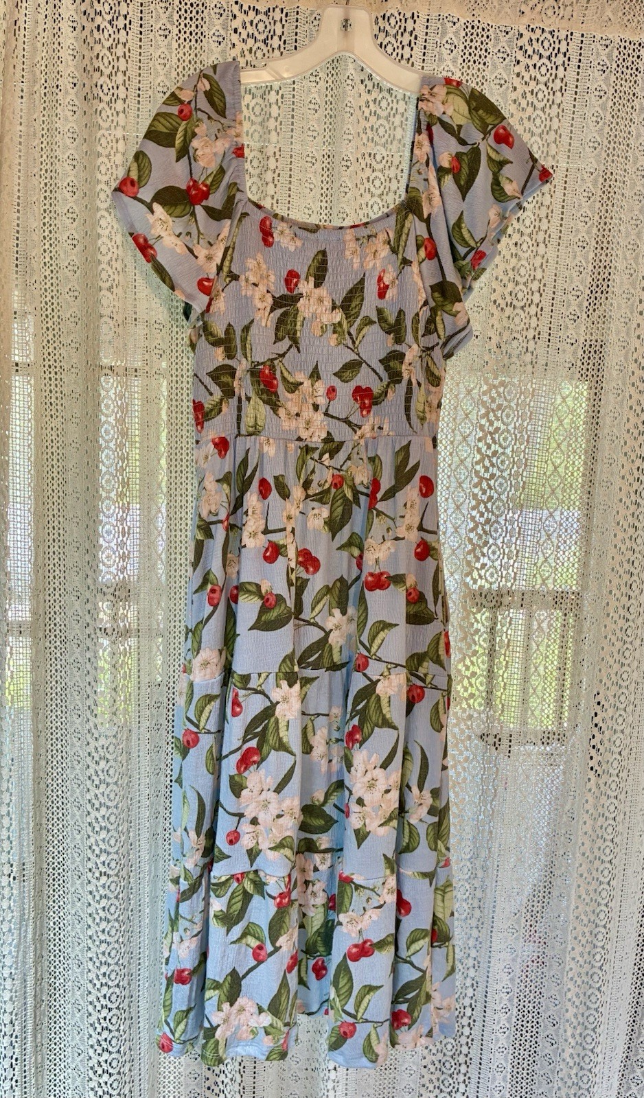 D&Co Heritage MP Floral Cherry Midi Dress Blue Smocked Cottagecore Boho