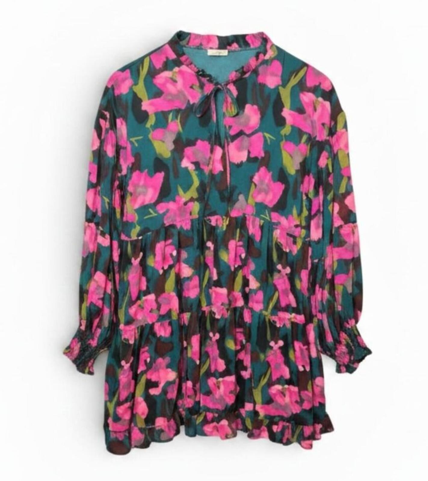 Jodifl Chasing Dreams Floral Tiered Chiffon Mini Dress Teal Pink, Size Medium