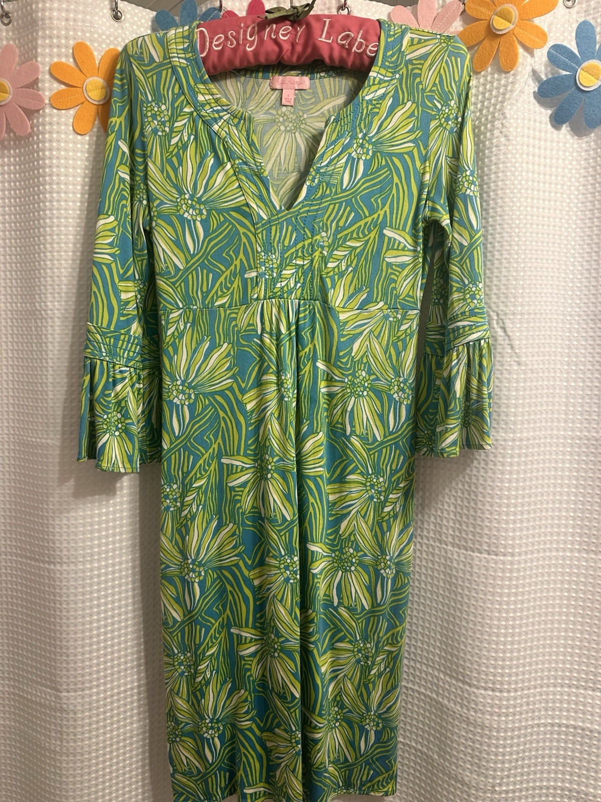 Lilly Pulitzer Green/Blue Vintage Floral Shift Dress V-Neck 3/4 Bell Sleeve S