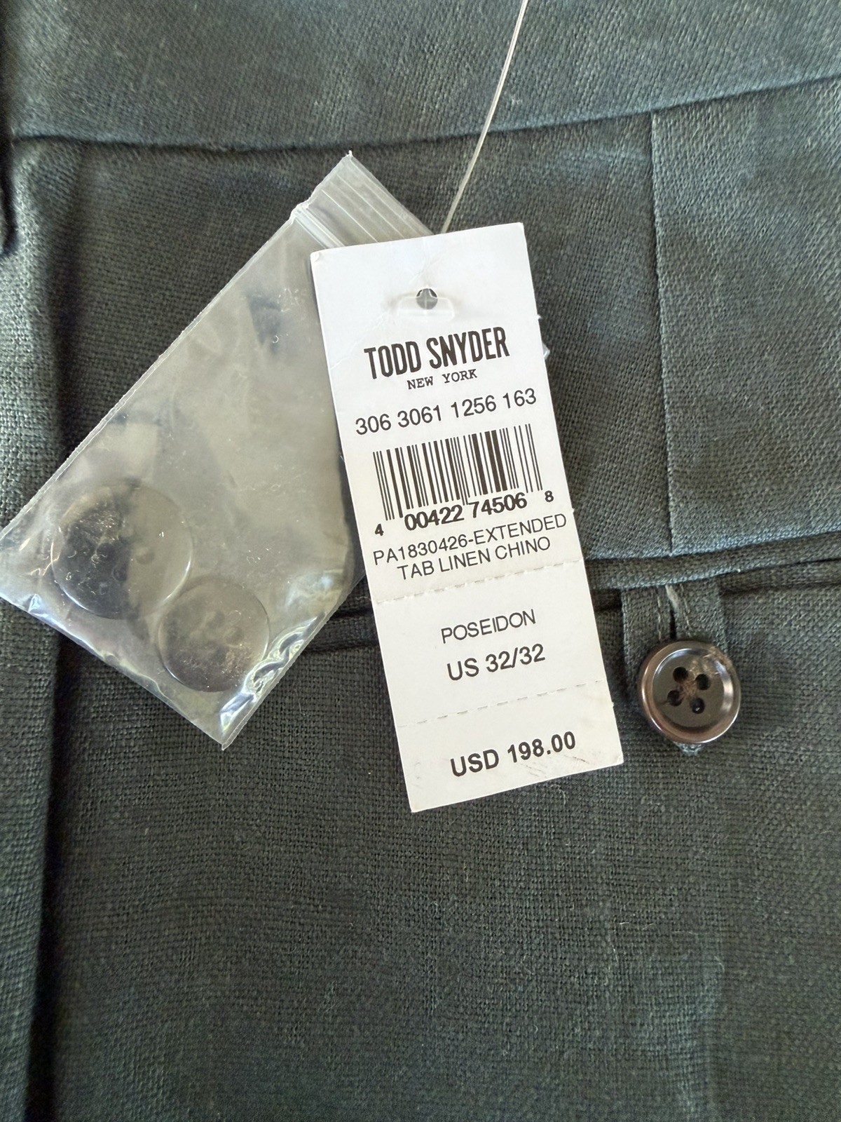 NWT Todd Snyder Poseidon Green 100% Linen Extended Tab Chino Pants Mens 32 x 32