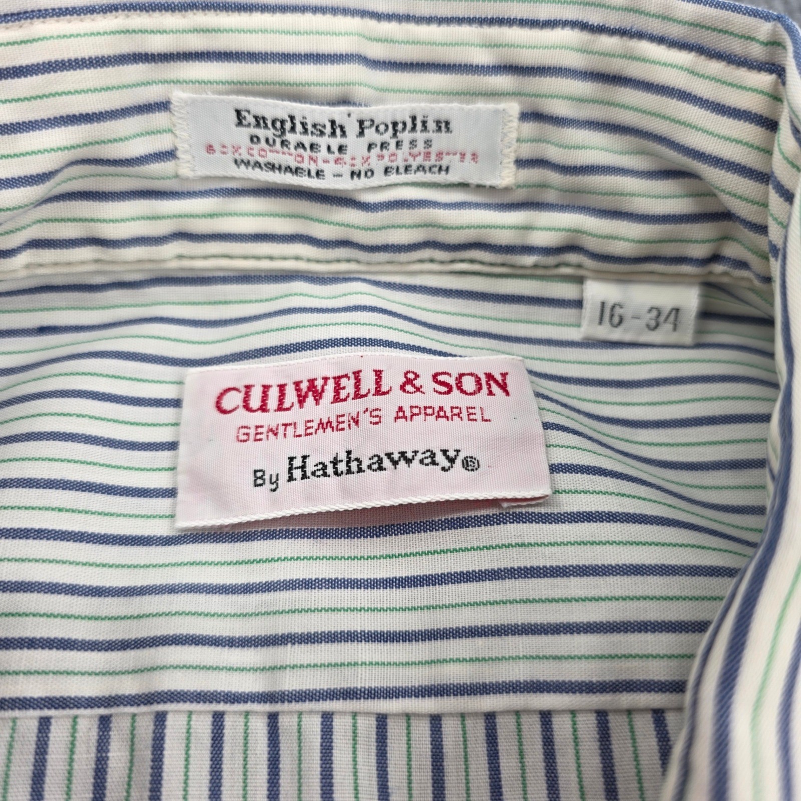 Vintage Culwell & Son Hathaway Striped Shirt Mens 16-34 Blue Green Poplin USA