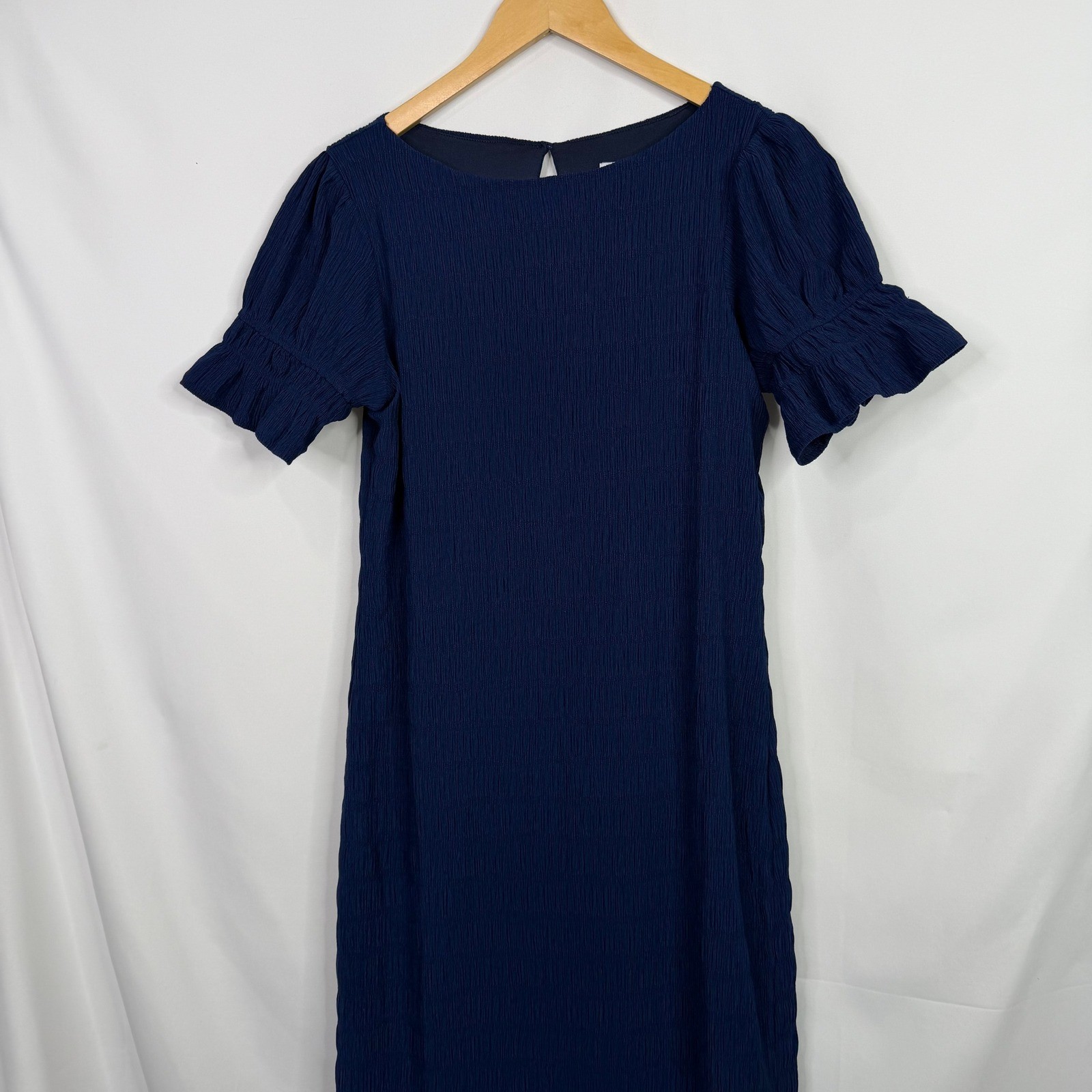 Lost + Wander Navy Blue Textured Puff Sleeve Ruffle Hem Midi Dress M NWT
