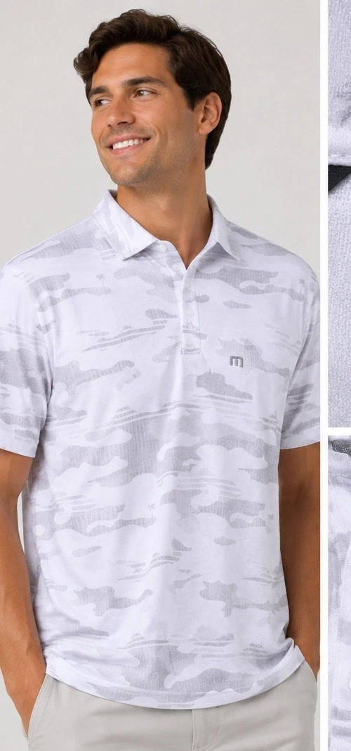 Travis Mathew Polo Men’s Sz 3XL White Gray Camo Palm tree Beachside Stealth Golf