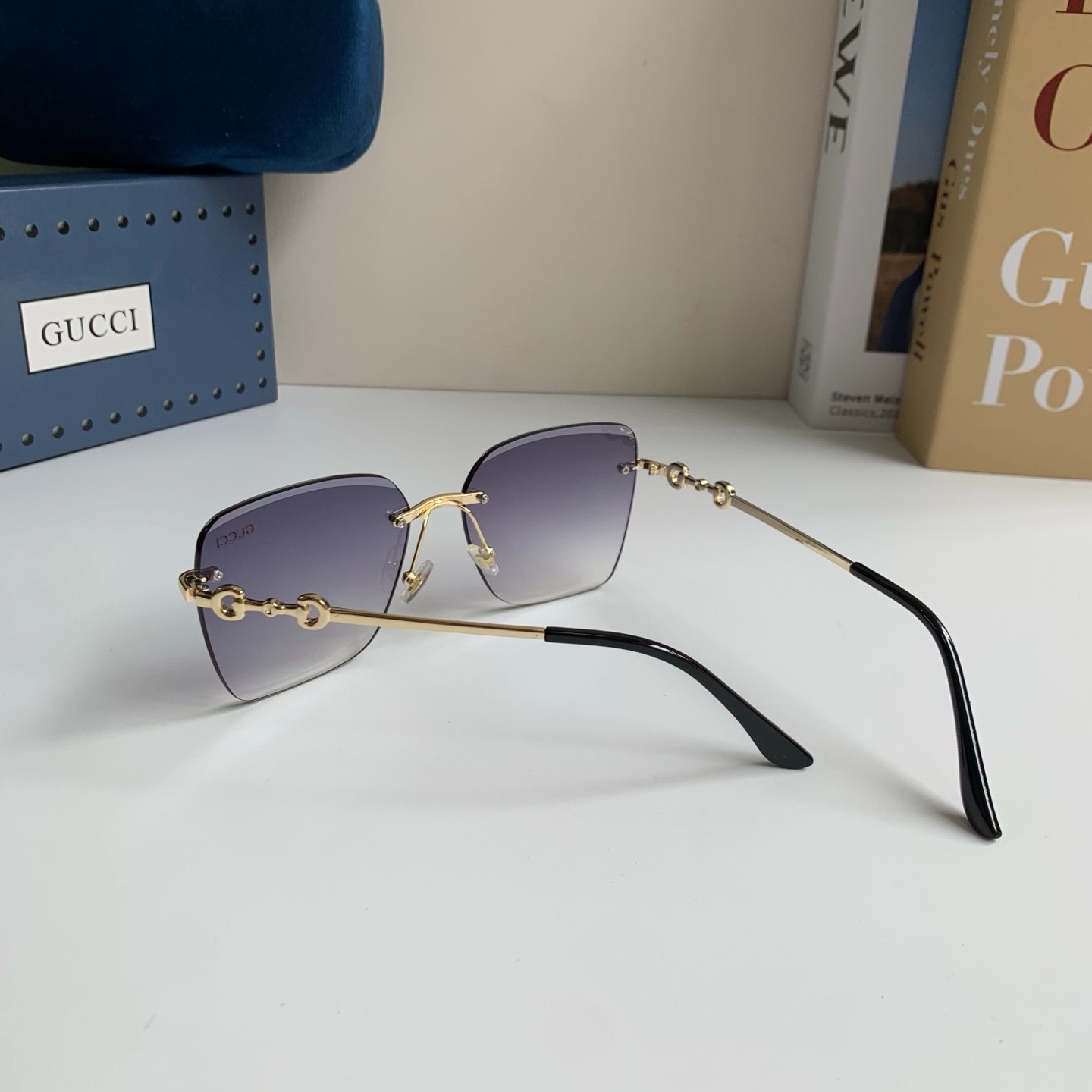 Gucci GG1278S Rimless Square Sunglasses Gold Horsebit Grey Gradient 55-19-140