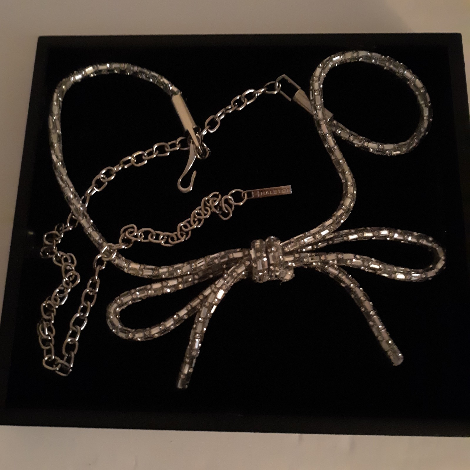 Vtg H By Halston Crystal Belt Sz L W/Bow Adj Clip Chain Clear Stones Slvr Fabric