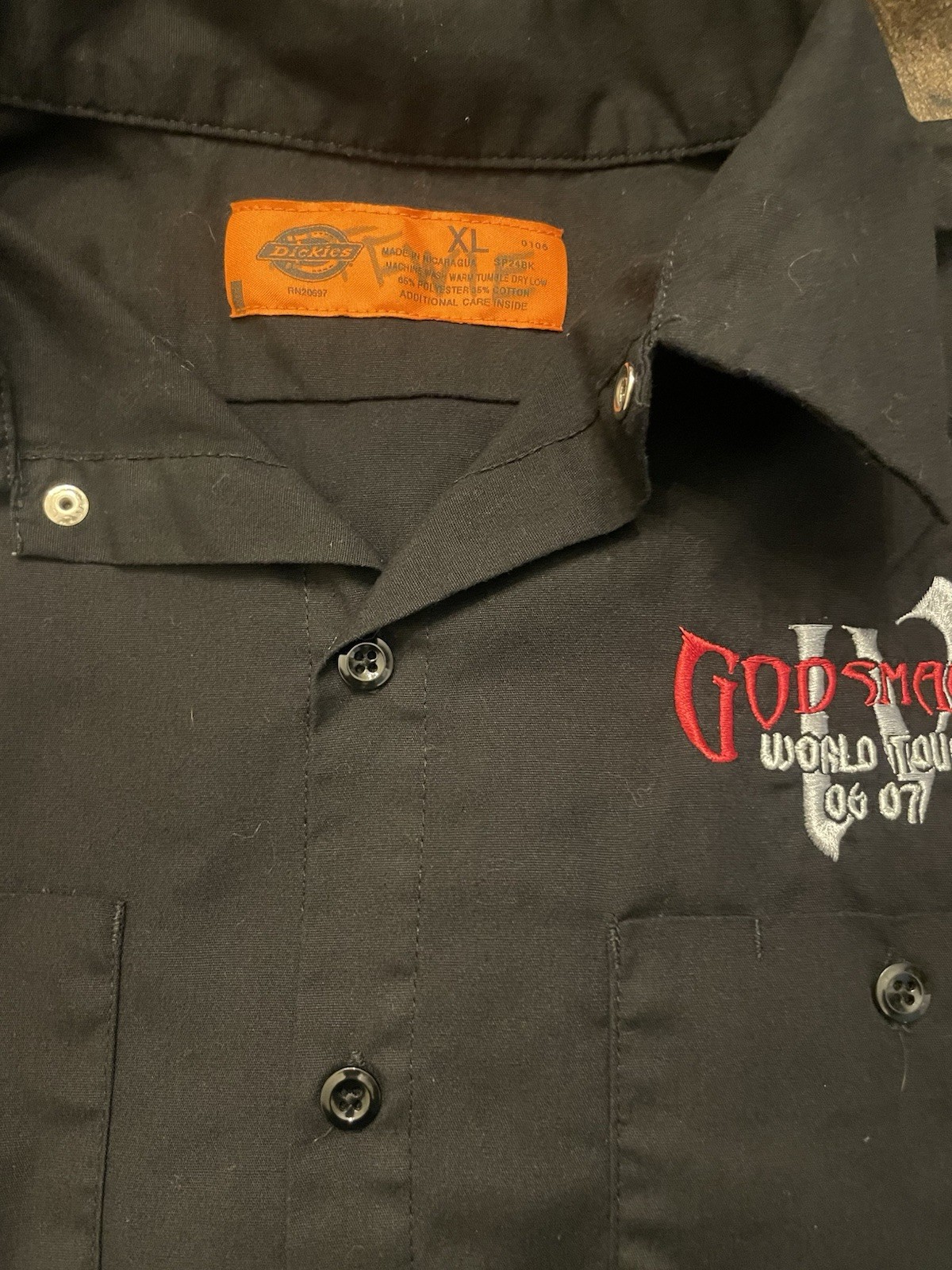 Dickies XL Black Short Sleeve Button Front Work Shirt Godsmack World Tour 06/07