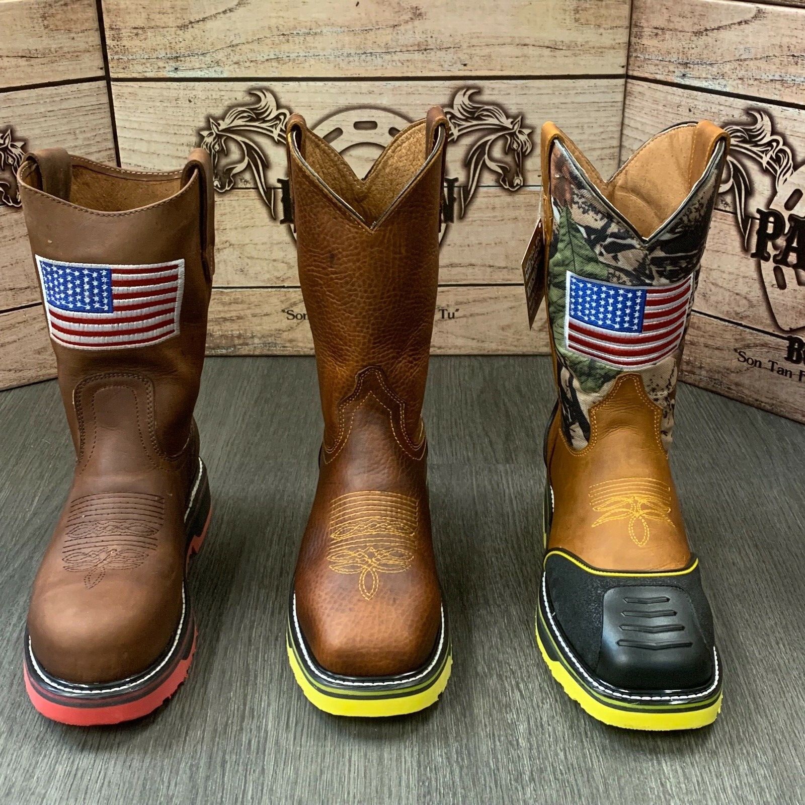 MEN’S STEEL TOE WORK BOOTS AMERICAN FLAG STYLE SOFT LEATHER INSIDE SHAFT SAFETY