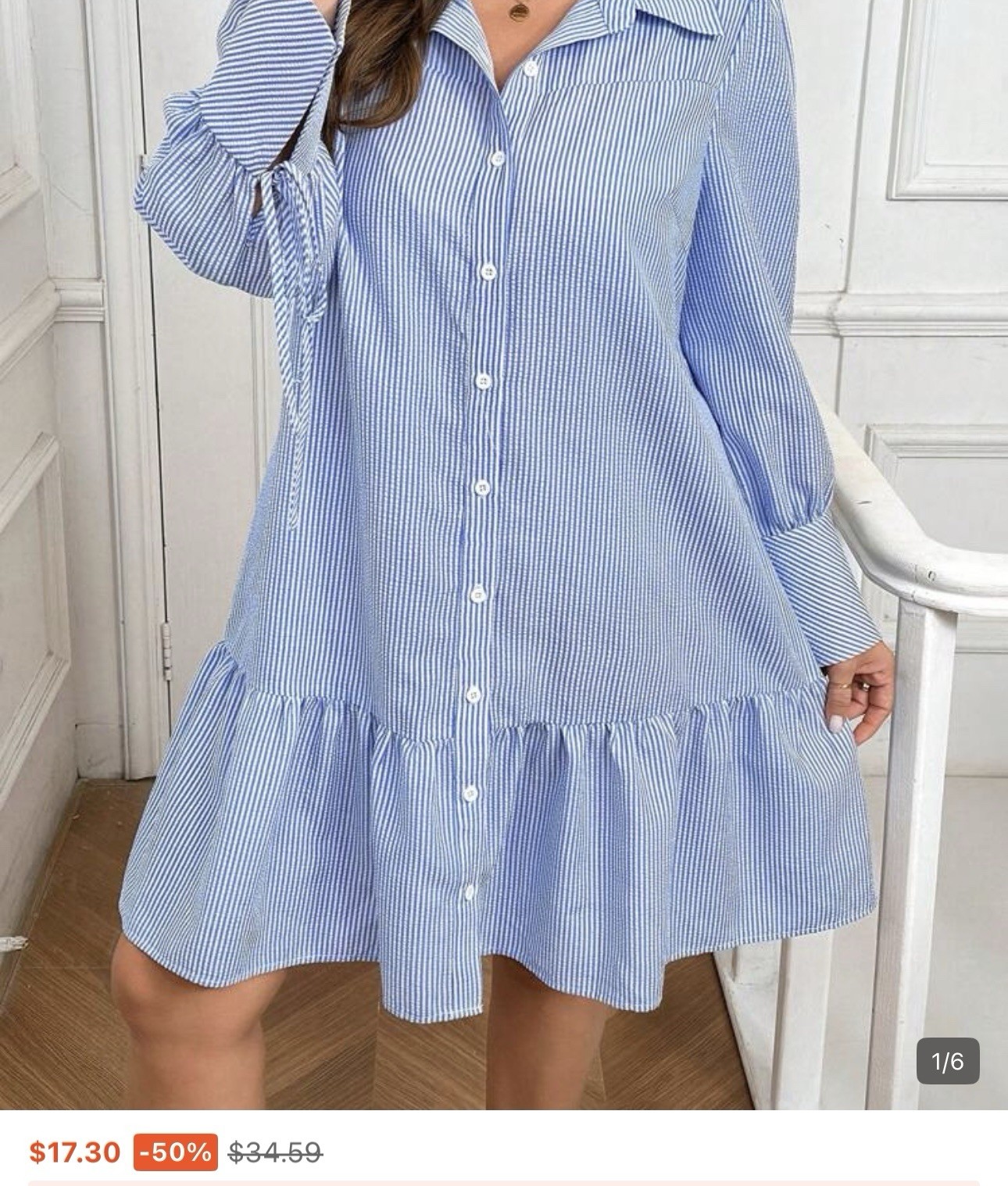 Women’s Blue/White Striped Collared Button-Front Long Sleeve Short Shirt Dress