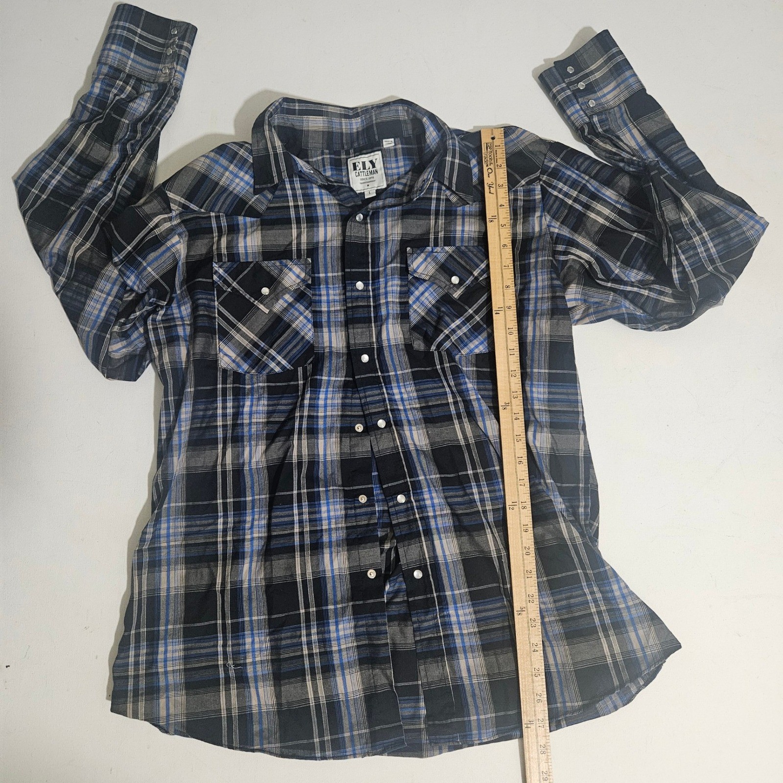 Ely Cattleman Mens Large Western Pearl Snap Shirt Blue Black Plaid Long Sleeve