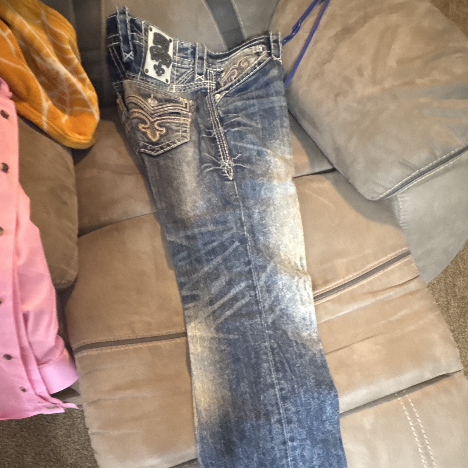 Rock Revival Men’s Blue Straight Denim Jeans Embroidered Logo Distressed