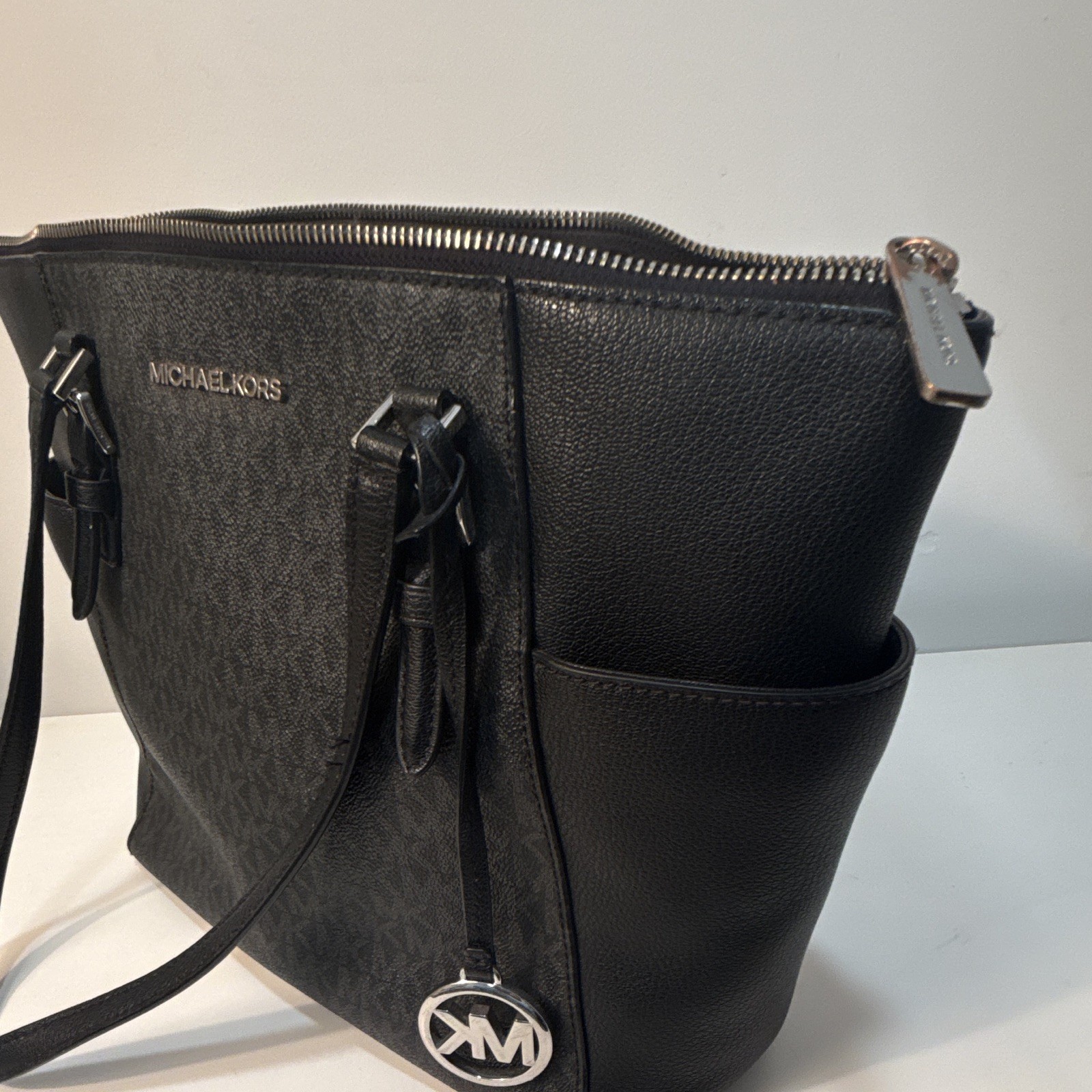 Michael Kors Black Logo Tote Zip Closure Silver Hardware MK Charm Pockets