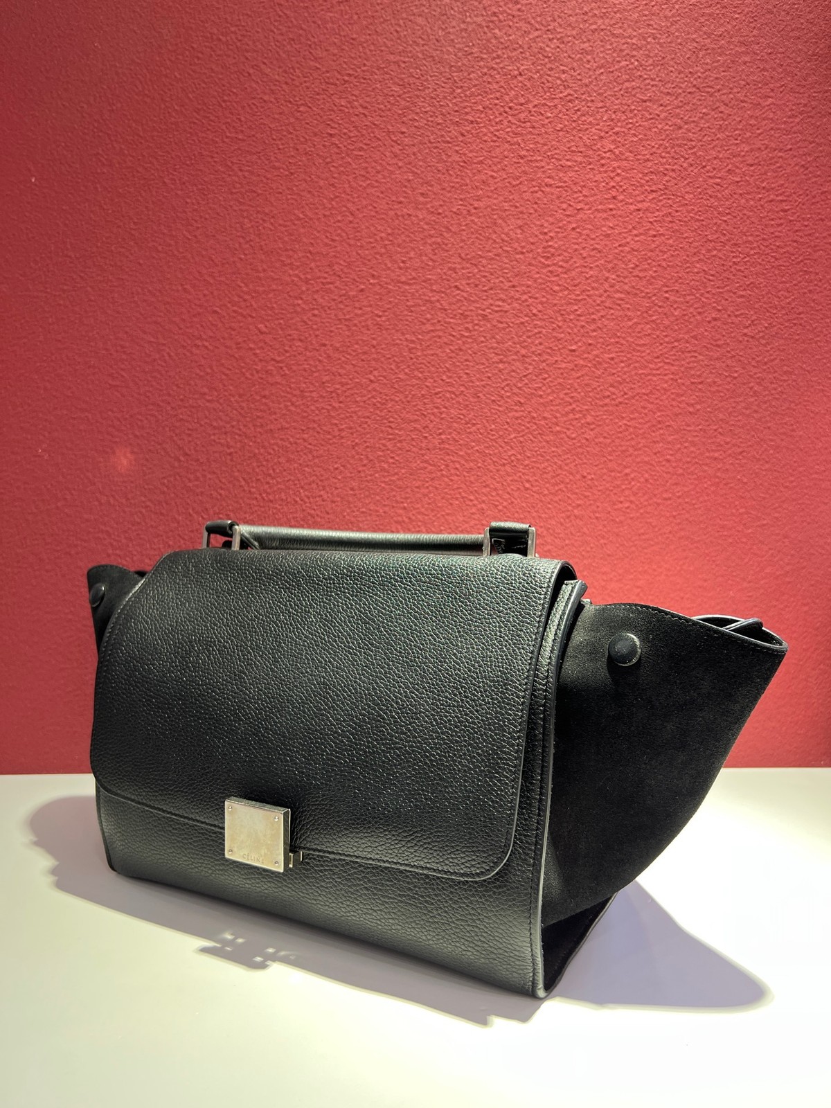 AUTH CELINE Trapeze Medium Black Grained Calfskin Suede Top Handle Crossbody Bag
