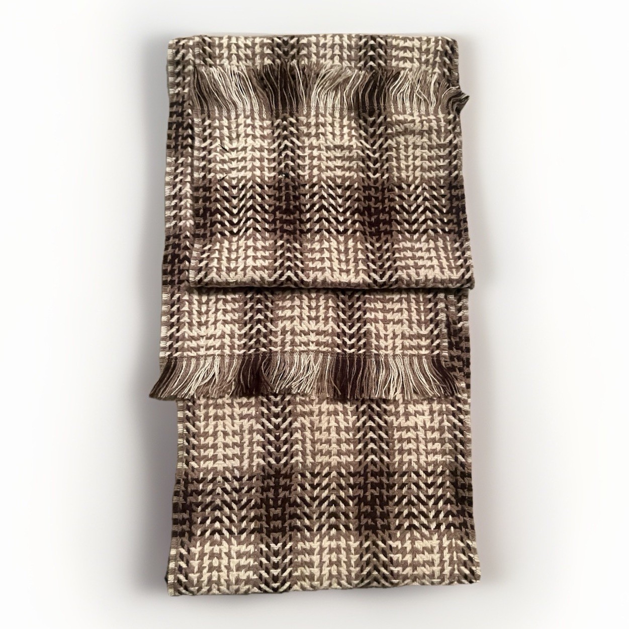 Vintage 1970s Men’s Plaid Scarf Oblong 54” Cream Fringe Korean Made Retro Style