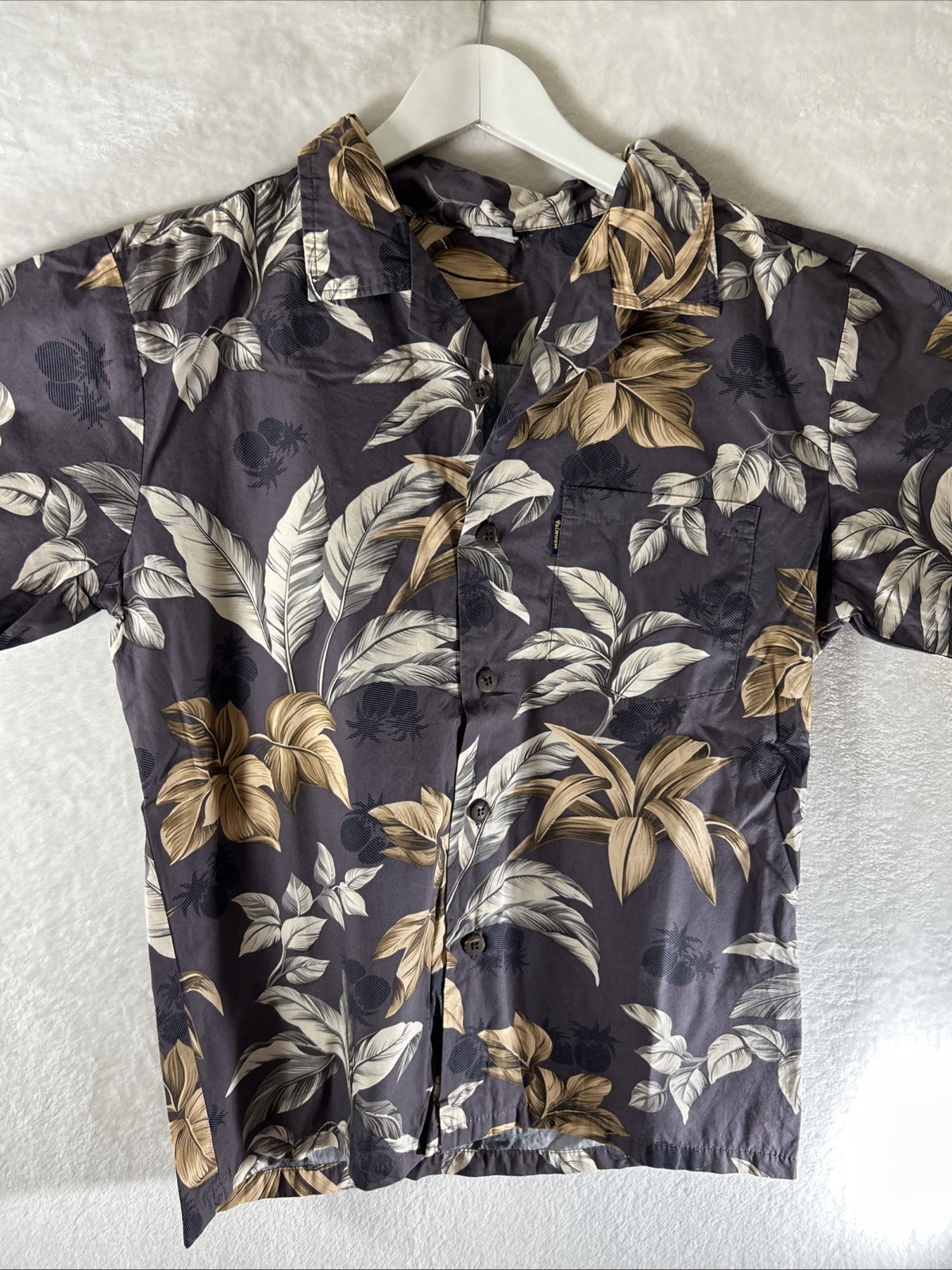 Palmwave Hawaiian/Aloha Shirt-Gray w/ Palms,Islands,& flowers Small Free Ship