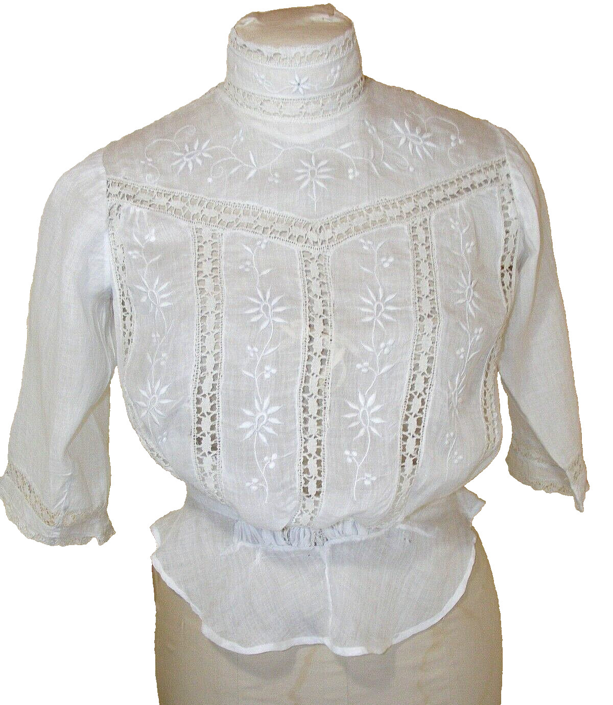 VICTORIAN WHITE SHEER LAWN COTTON BLOUSE HANDMADE NEEDLE LACE EMROIDERY 32X 24
