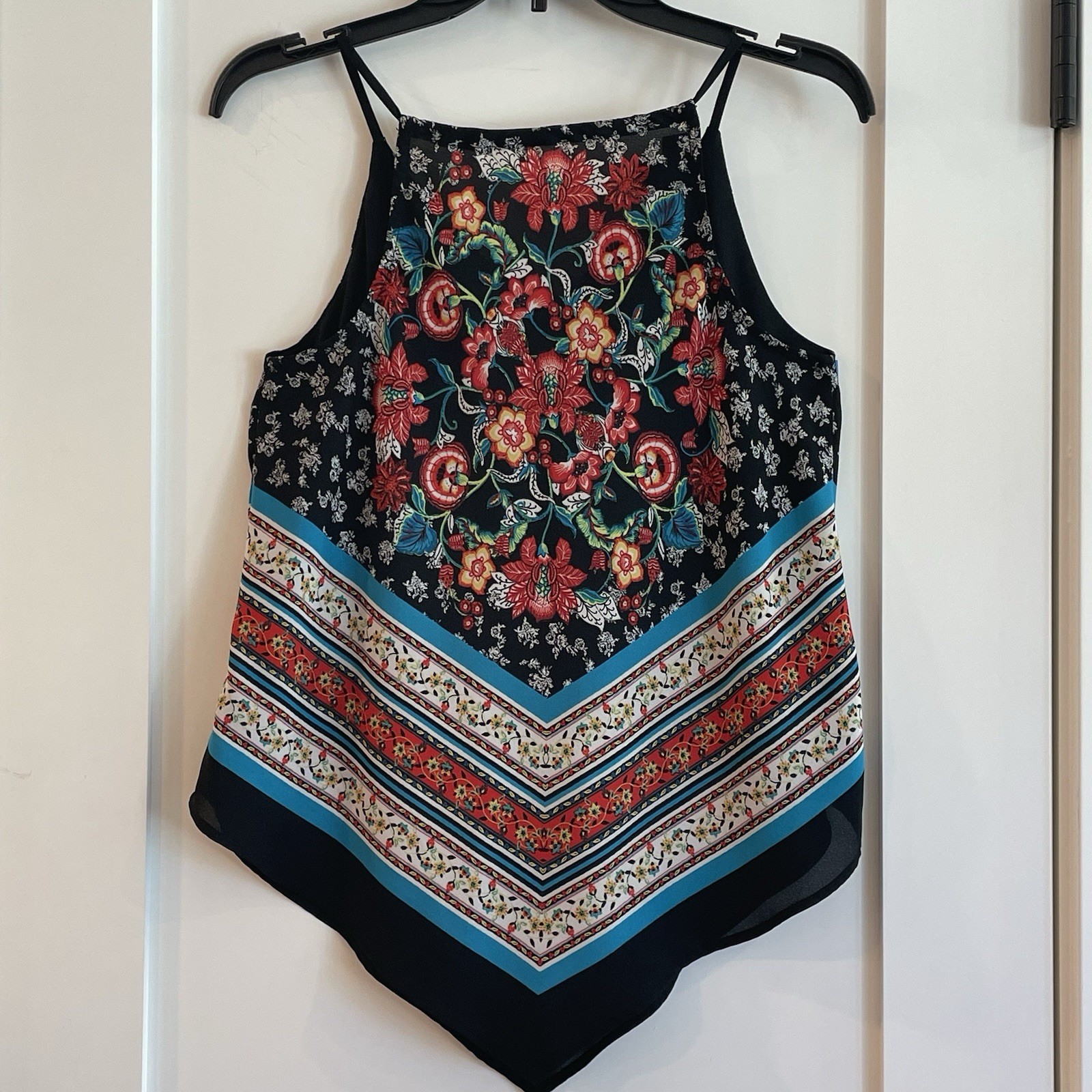 BCX Boho Cami Tank Top black floral SEMI SHEER Small Travel High Neck STrappy