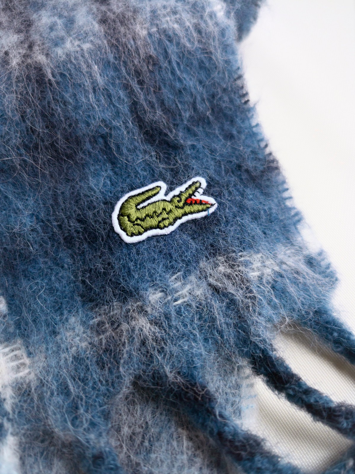 NP~$130 Lacoste Alpaca Scarf, Soft, Thick, Hairy! checked blue grey, warm scarf