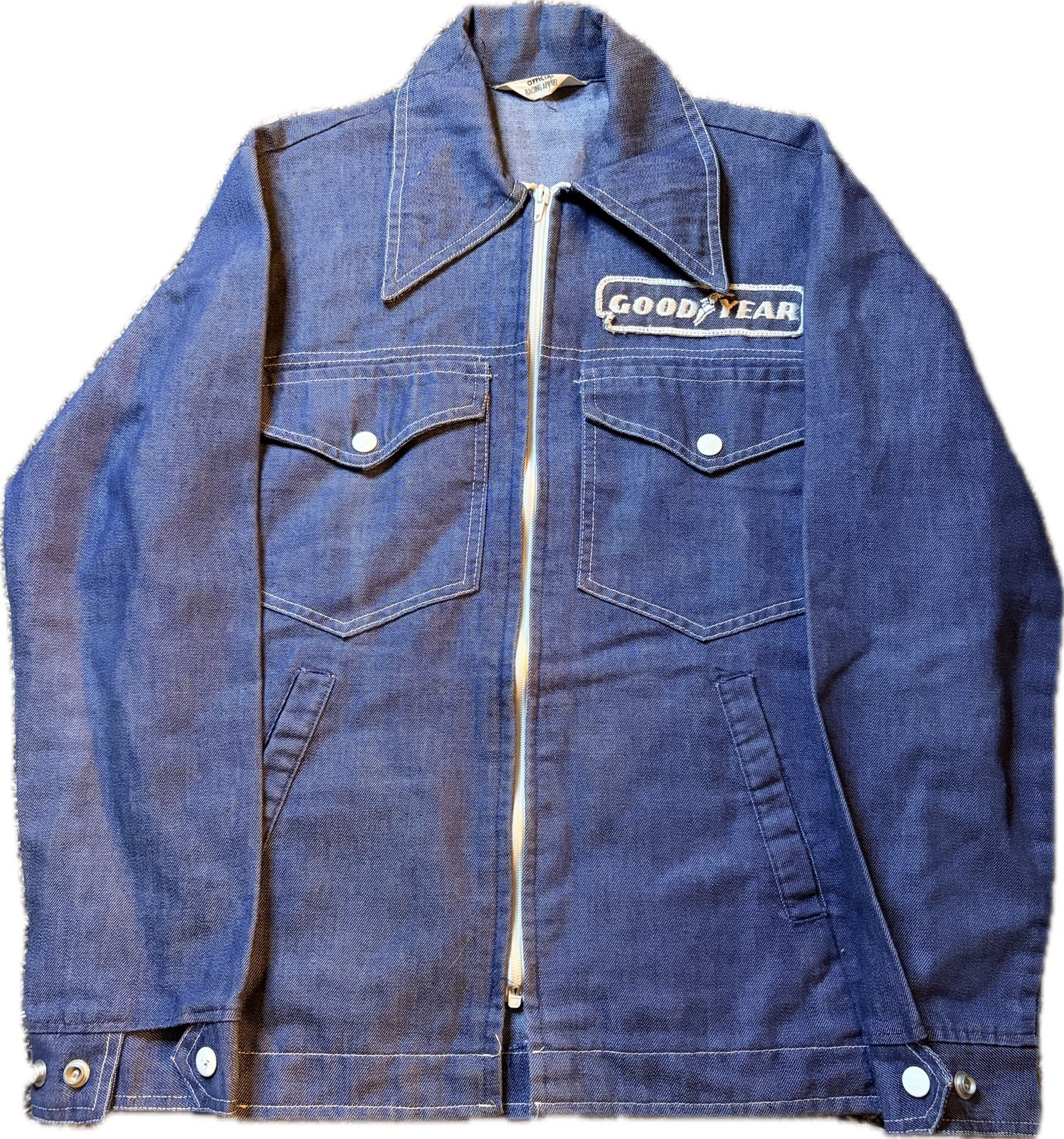 1970s vintage Goodyear racing Men’s Blue Denim Jacket Full Zip Embroidered Logo