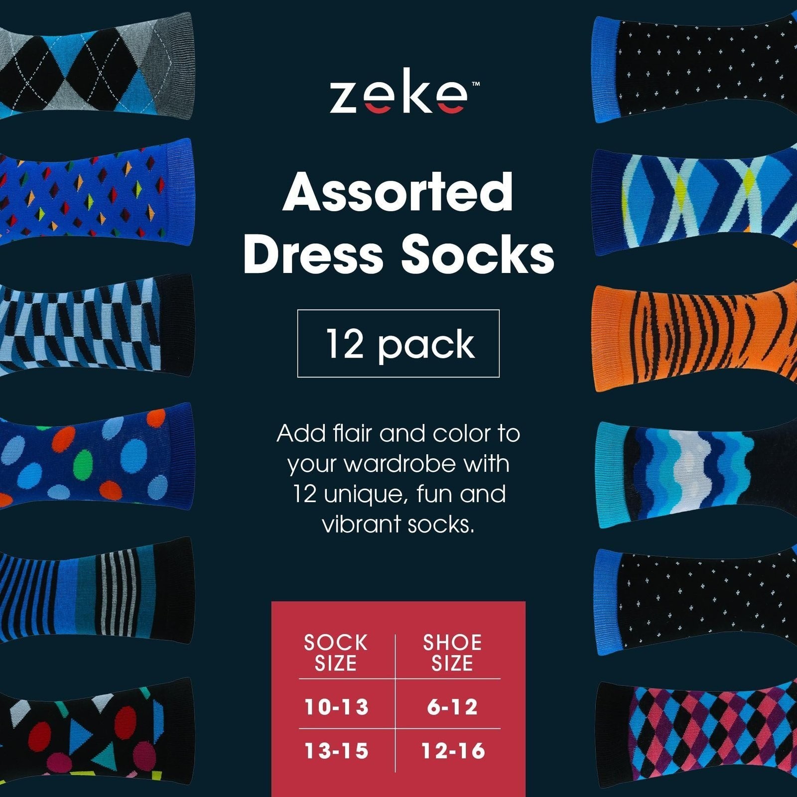 ZEKE Men’s Dress Socks Funky Fun Colorful Crew Socks 12 Assorted Patterns