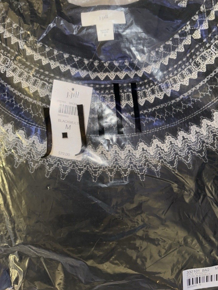 J. JILL Fair Isle Embroidered Smocked Top in Black Multi – Size Medium