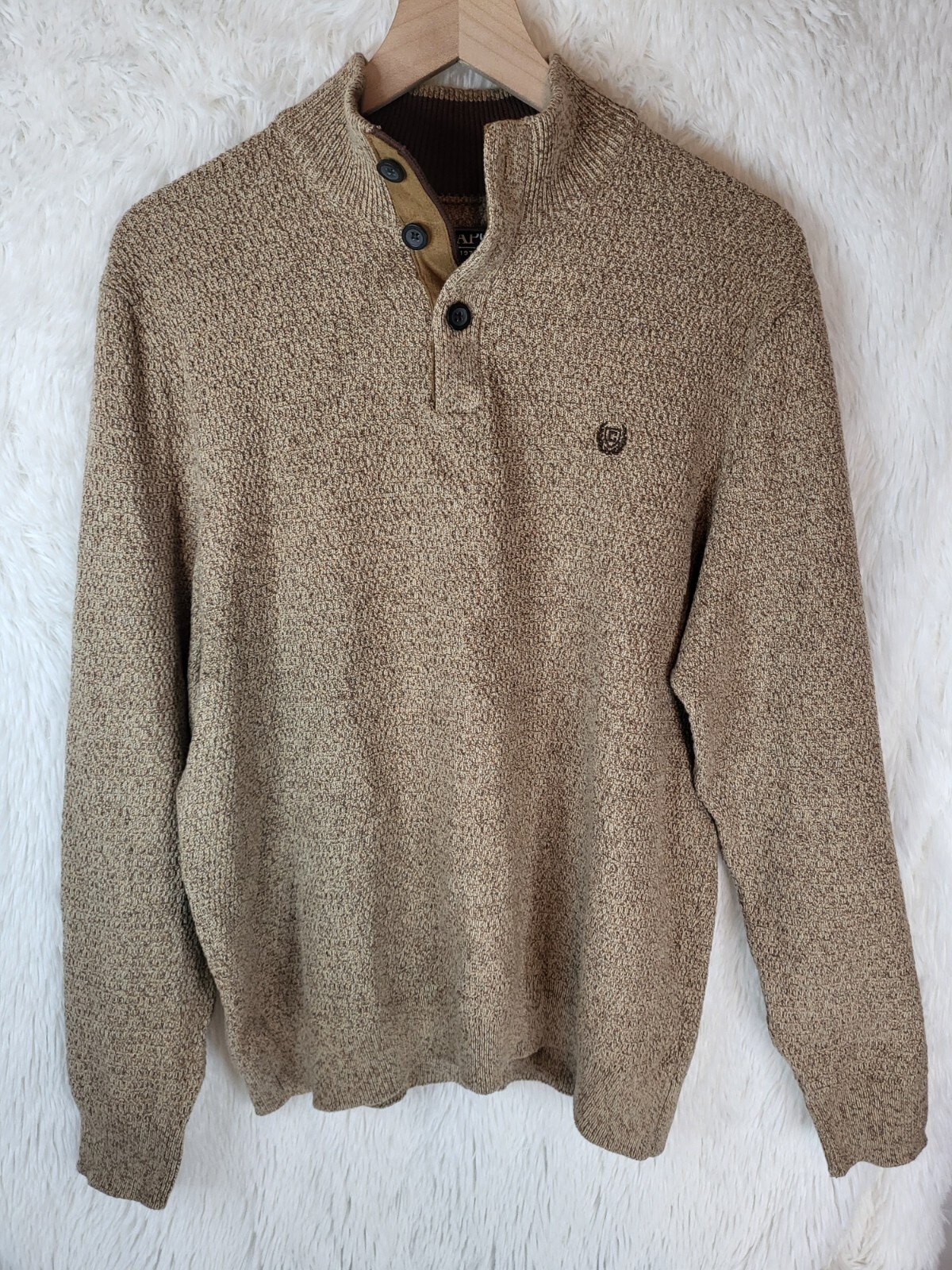 Chaps Mens Cardigan Sweater Henley Elbow Pads Size XL Tan