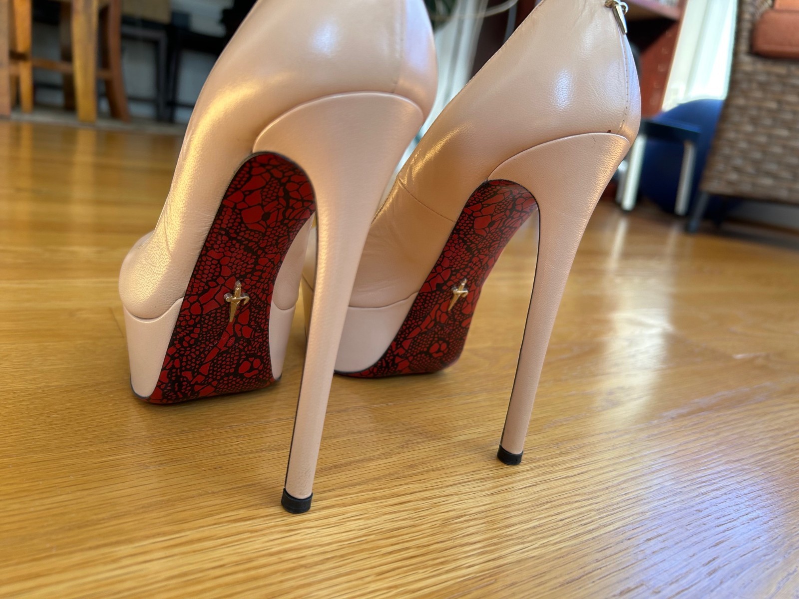 CESARE PACIOTTI Nude Leather Platform Pumps with Logos Size 6 IT 36 Good Cond.