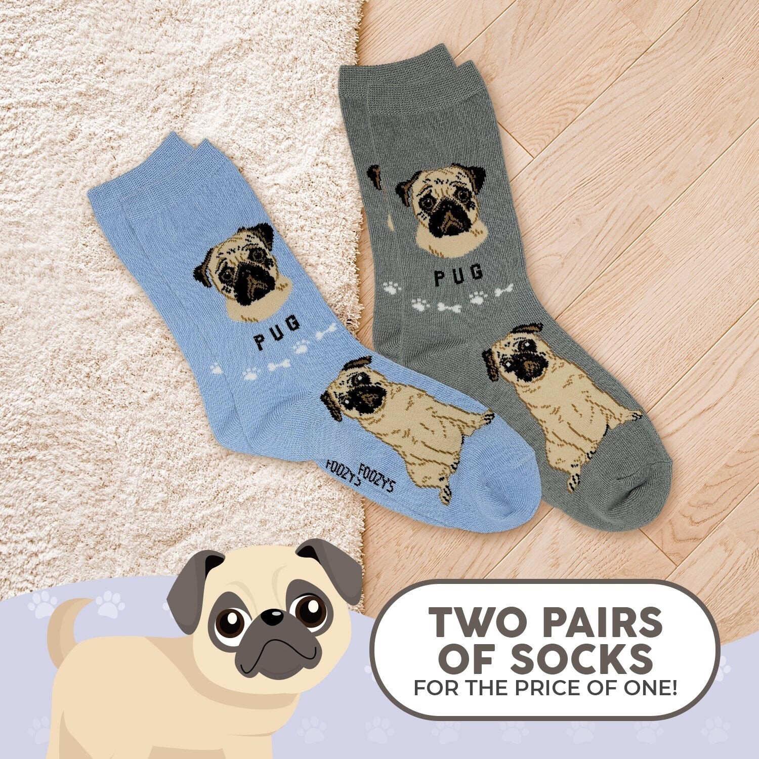 Pug Lapdog Wrinkled Toy Dog Breed Women’s Foozys Puppy Cute Dogs 2 Pairs Socks