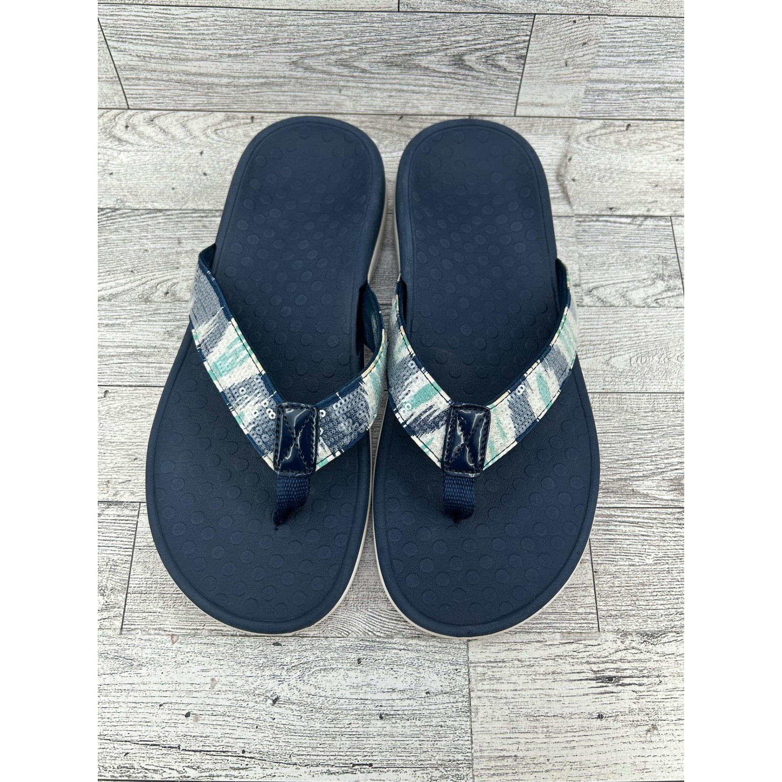 Vionic Tide Sequins Navy Blue Mint Orthotic Thong Sandals Women Size 6 44TIDESQ