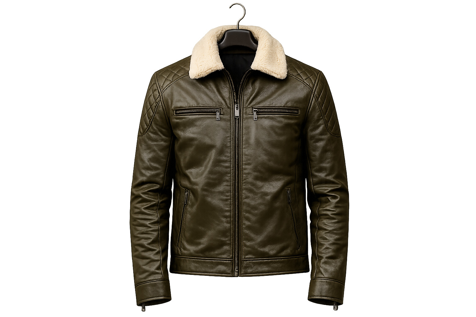 Men’s Green Leather Jacket – Faux Shearling Collar – Quilted Biker – Bomber Zip