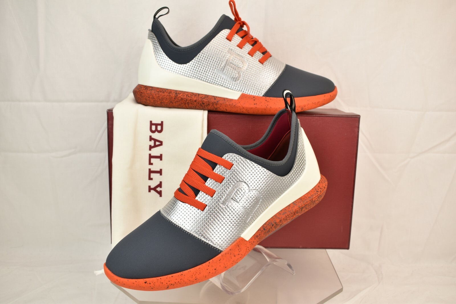 NIB BALLY AVRO-E SILVER LEATHER NEOPRENE LOGO LACE UP TRAINER SNEAKERS 9 US 42