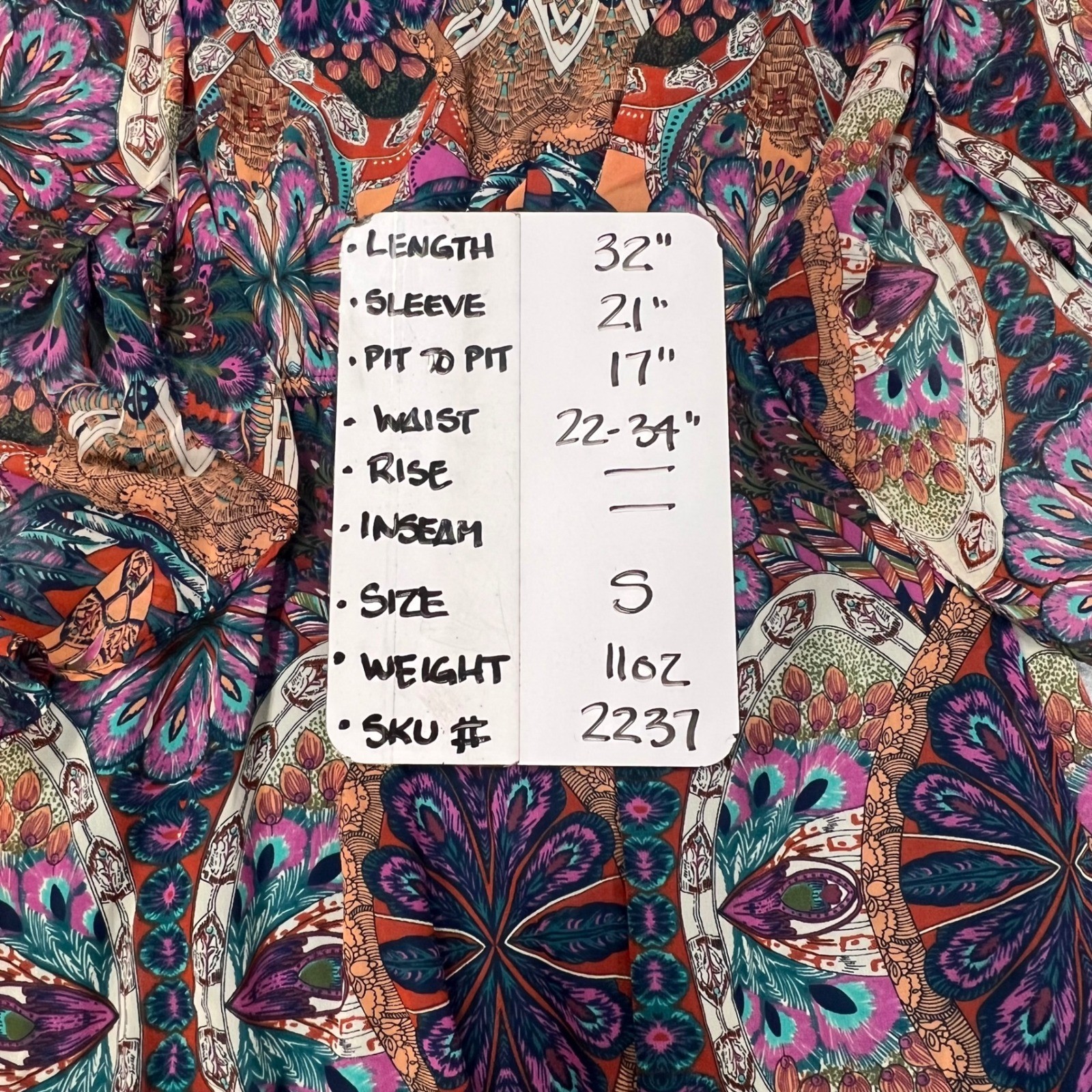 Filly Flair Small Peacock Print Bell Sleeve Mini Dress Boho Teal Elastic Waist