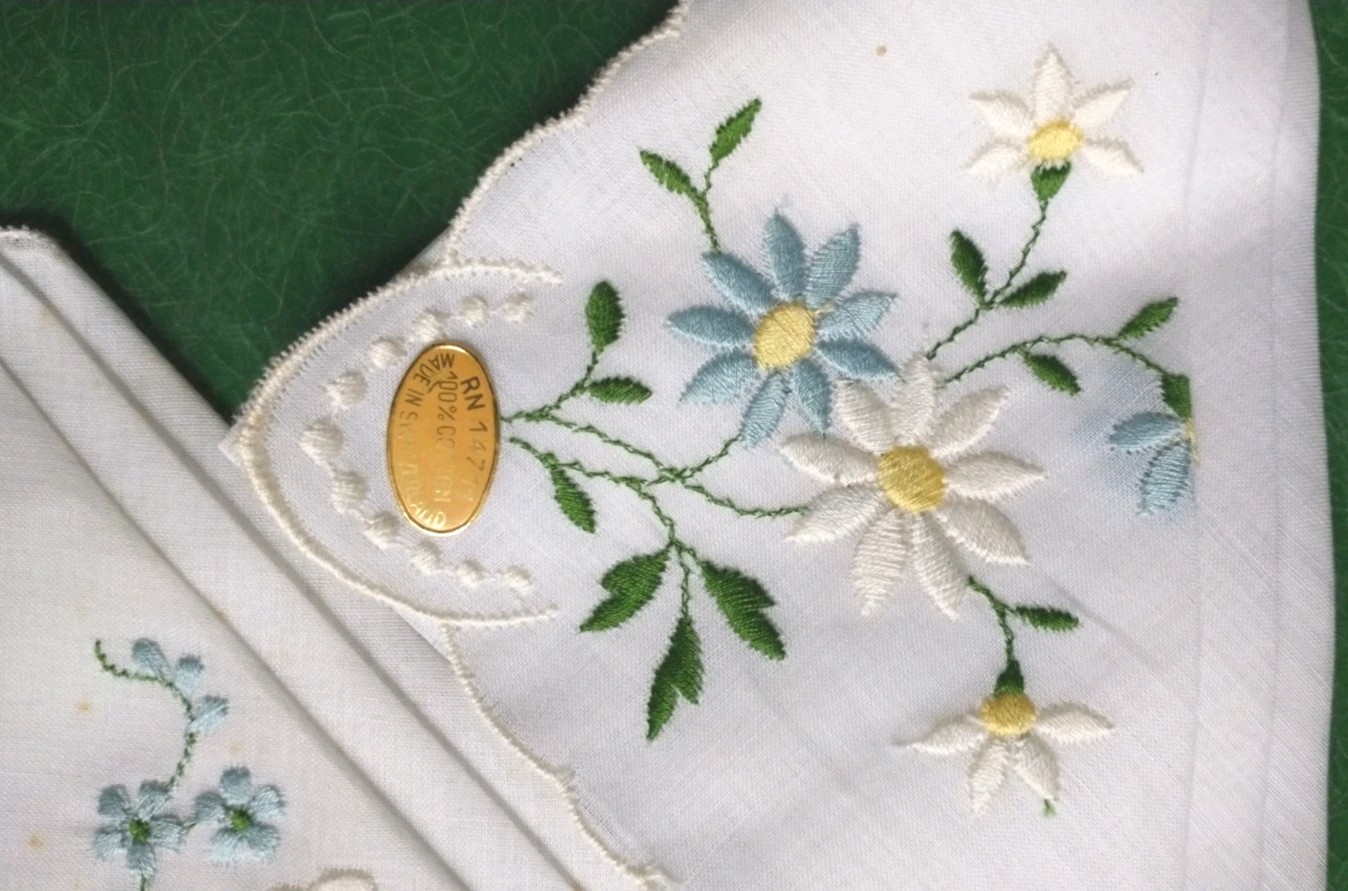 12 Vtg Handkerchiefs in VTG Bunte Chocolates Box~ Embroidery Tatted Crochet