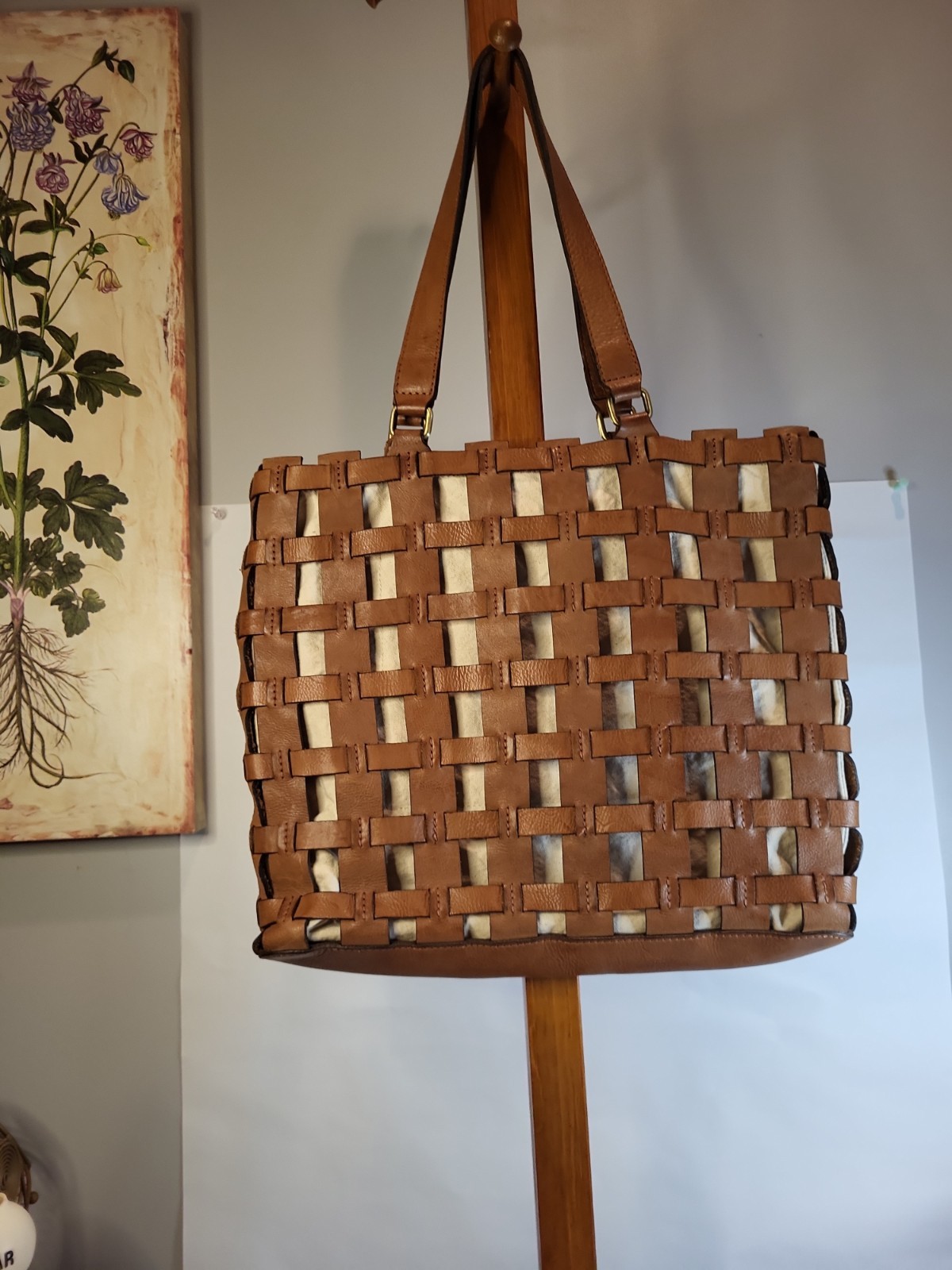 Vintage Genuine Woven Leather Lattice Like Pattern With Canvas Interior Shoulder