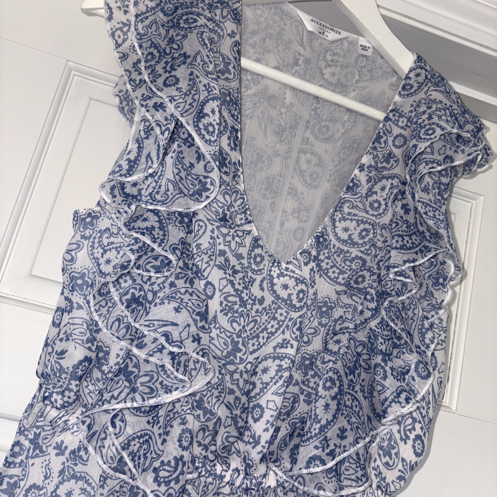 Accessorize London Blue & White Paisley Ruffle Tiered Mini Dress UK M 12-14