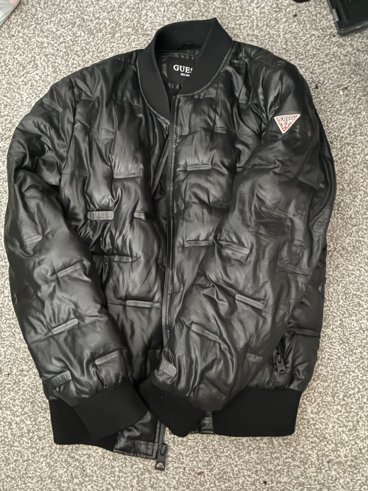 GUESS Men’s Black Stamp Quilted Puffer Coat Full Zip Bomber Jacket Size S