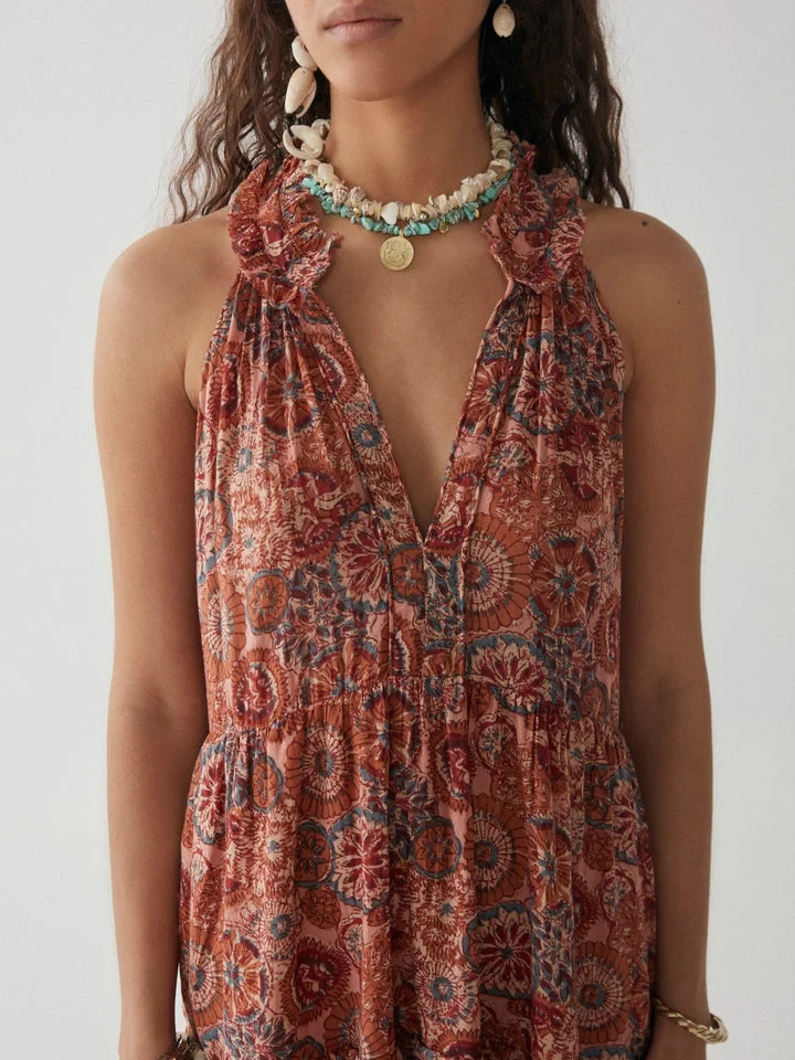 Maison Hotel Kaleidoscope Charlotte Maxi Tiered Boho Dress Size S Rust Petunia