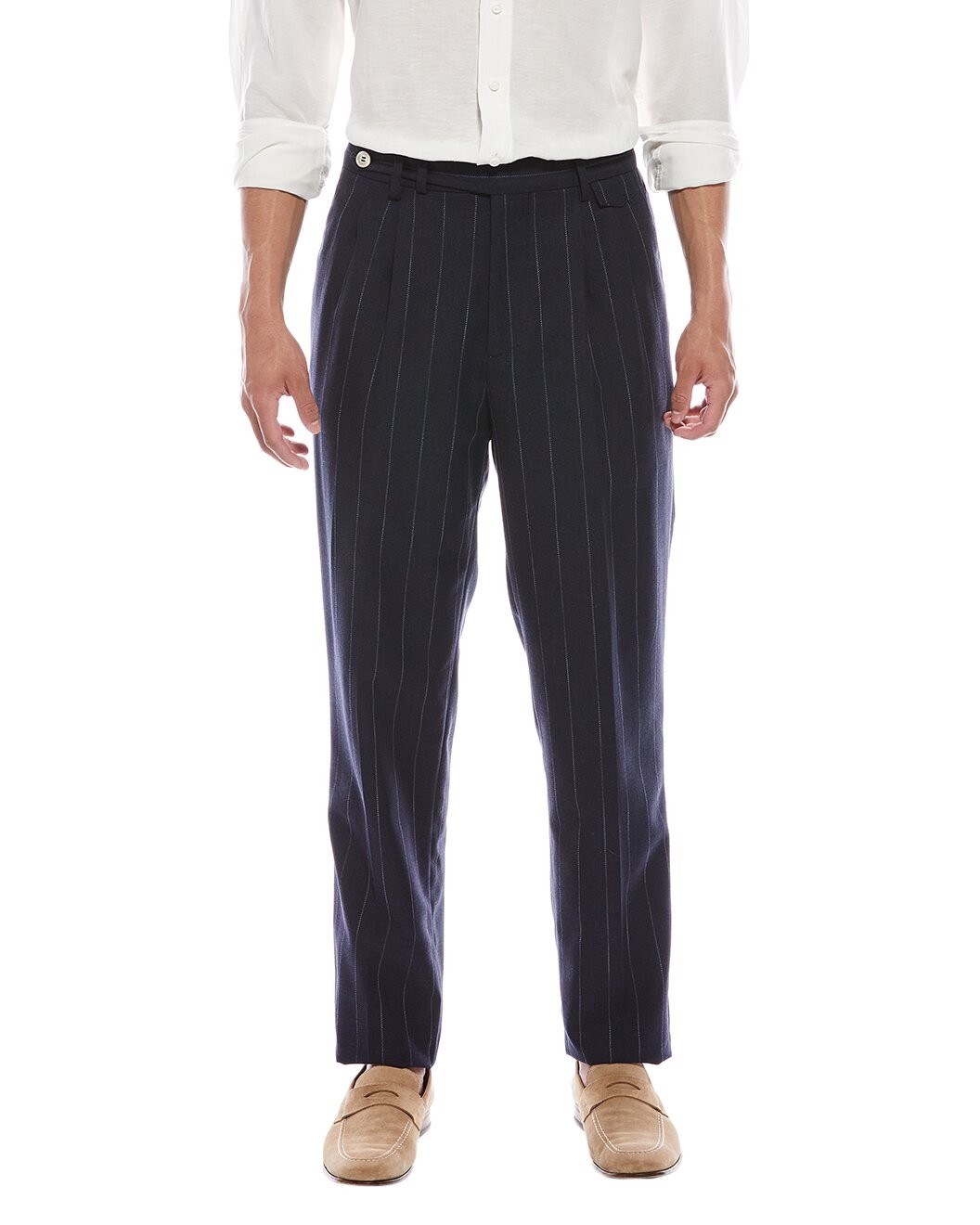 BRUNELLO CUCINELLI MEN’S NAVY WOOL PINSTRIPE TROUSERS MSRP $1430