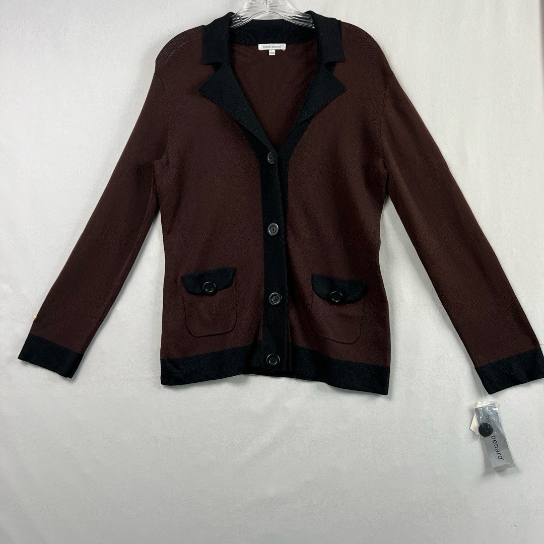 Harvé Benard Womens Small Cardigan Stretch Knit Brown Black Button Up Pockets
