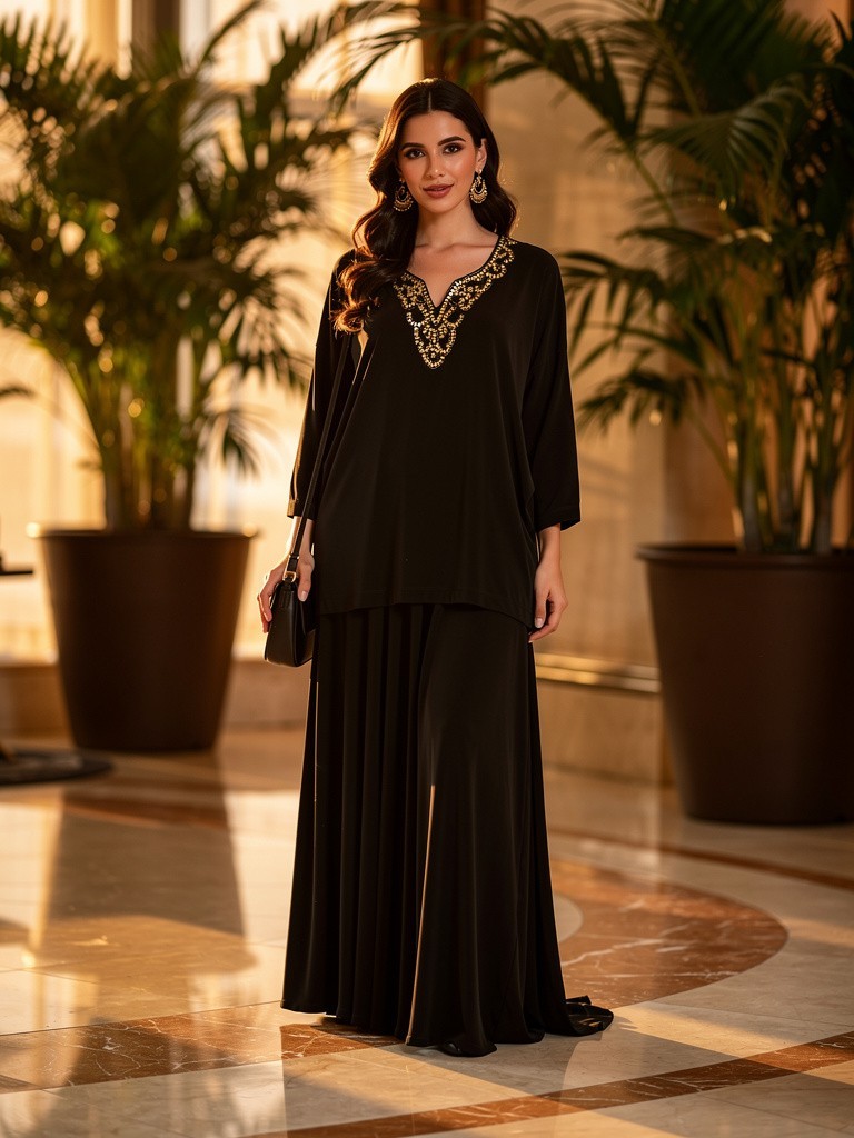 Slinky Brand Size 1X Knit Long Tunic Blouse Black Jeweled Neckline 3/4 Sleeve