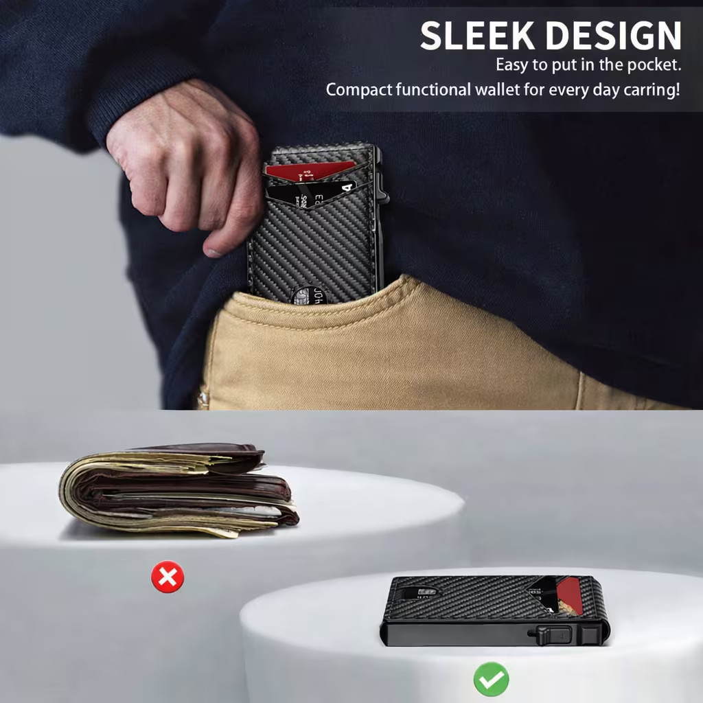 RFID Blocking Carbon Fiber Wallet, Pop Up Card Holder Slim Bifold, Money Clip